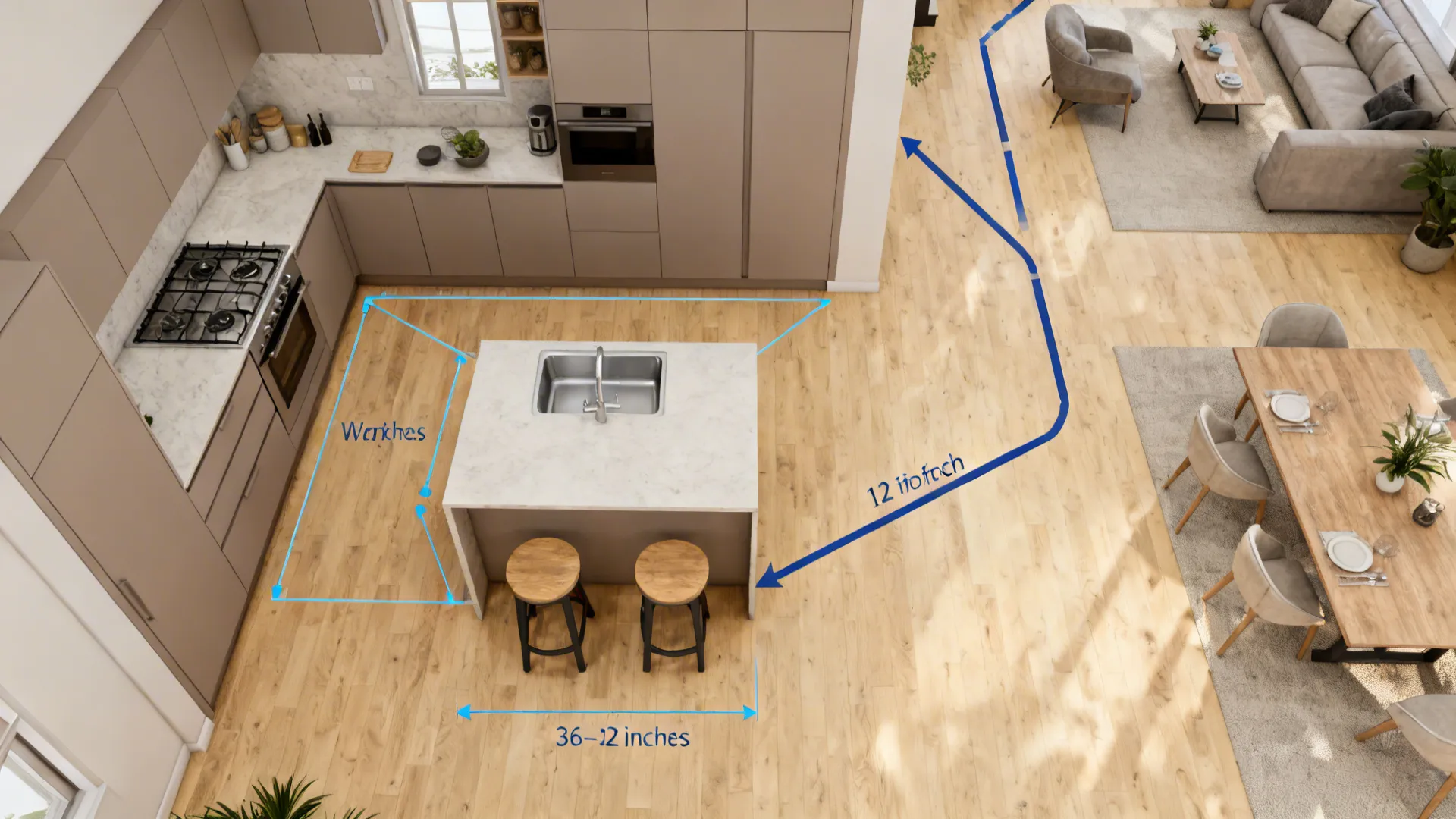 Top-down view of a modern kitchen island with blue measurement lines and adjacent dining room furniture