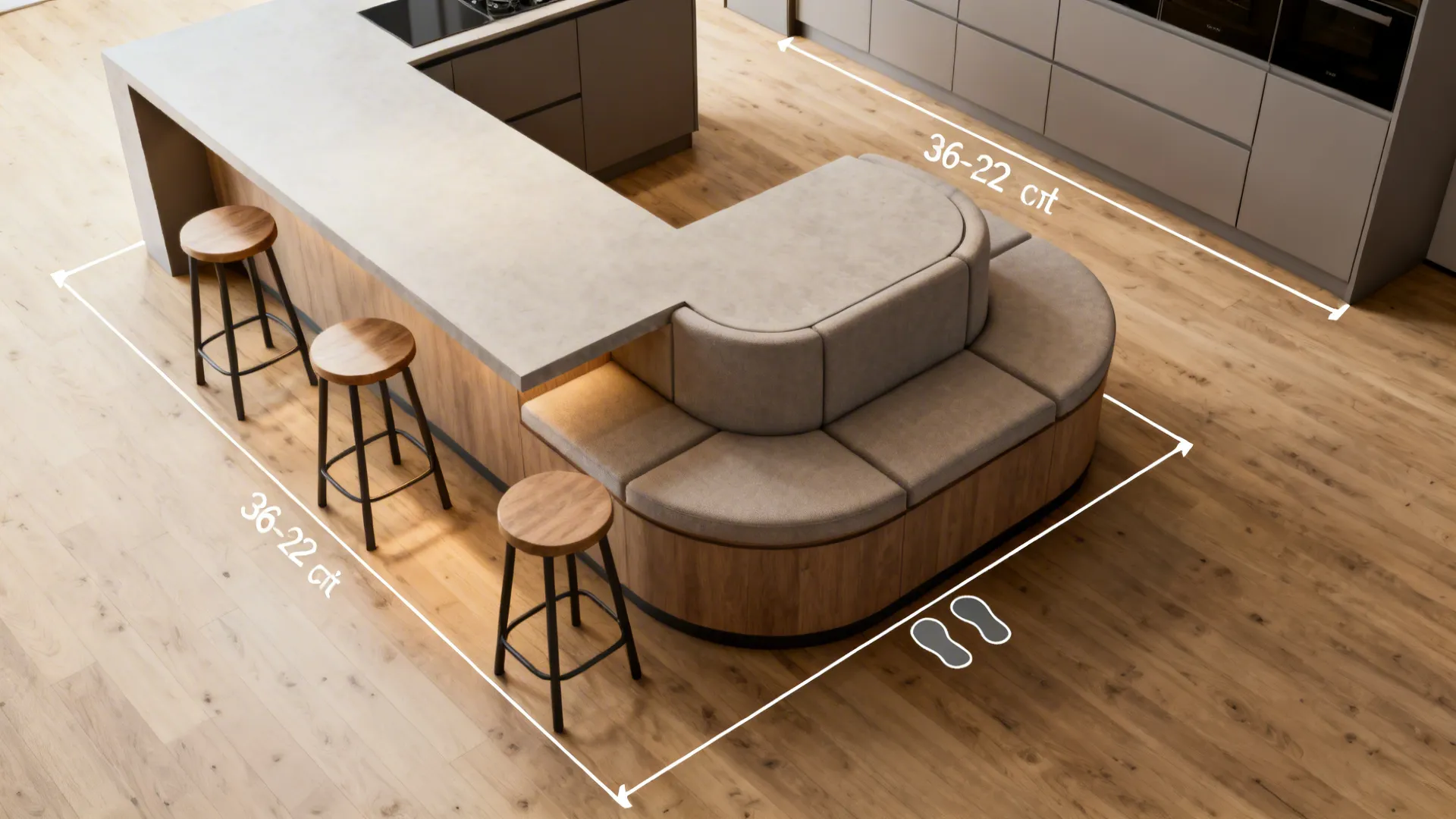 Top-down view showing peninsula return with wrapped stools and clear circulation paths.