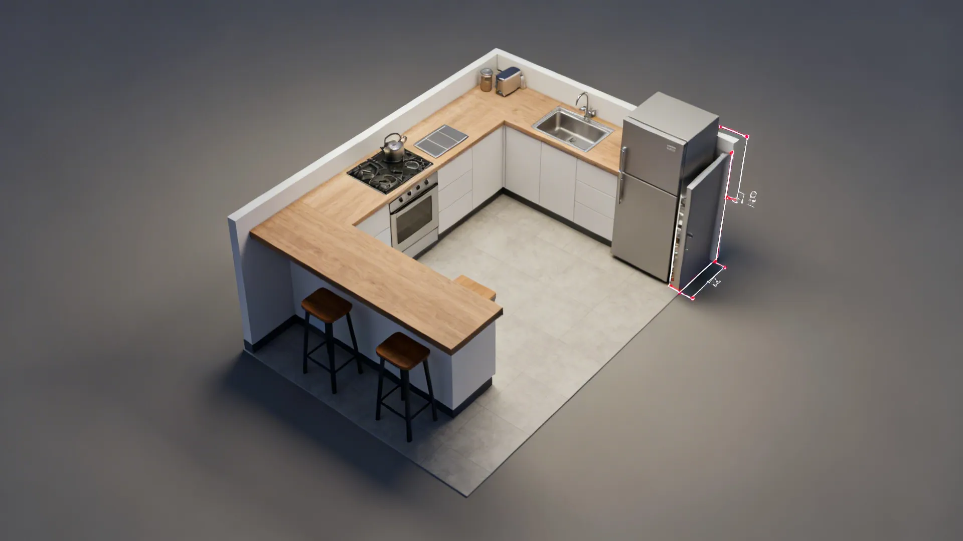 Top-down visualization of an L-shaped kitchen with a micro peninsula and clear aisles.