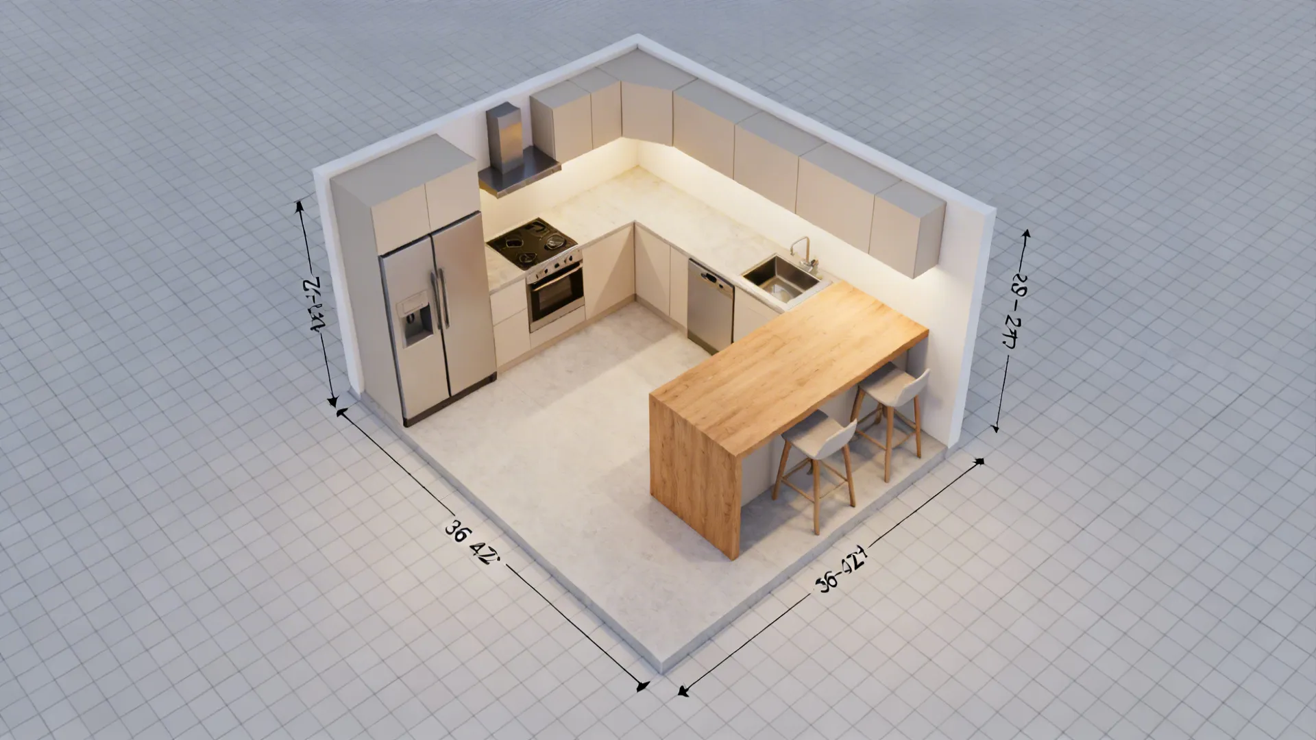 Top-down plan view of an L-shaped kitchen with a petite peninsula and clear aisles.