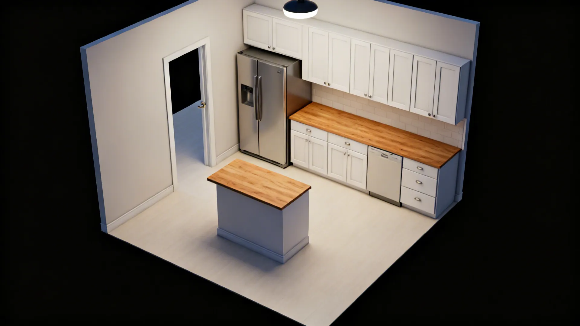 Interior design drawing showing kitchen layout with white cabinets wood countertops and a small island