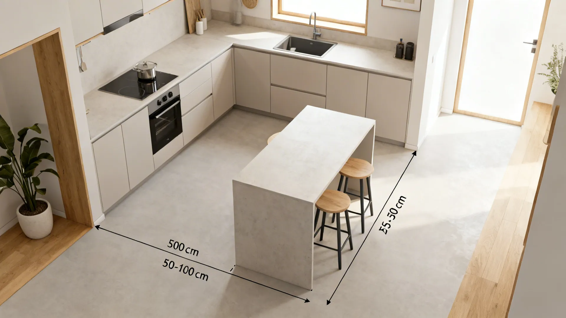 Top-down view of an L-shaped small kitchen with a slim peninsula and generous circulation.