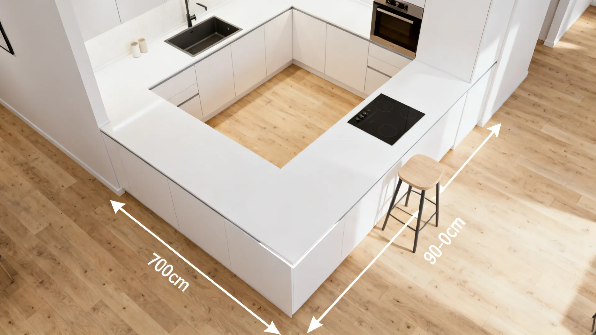 Top-down plan of an L-shaped kitchen showing a compact peninsula with clearances and guest-friendly traffic flow.