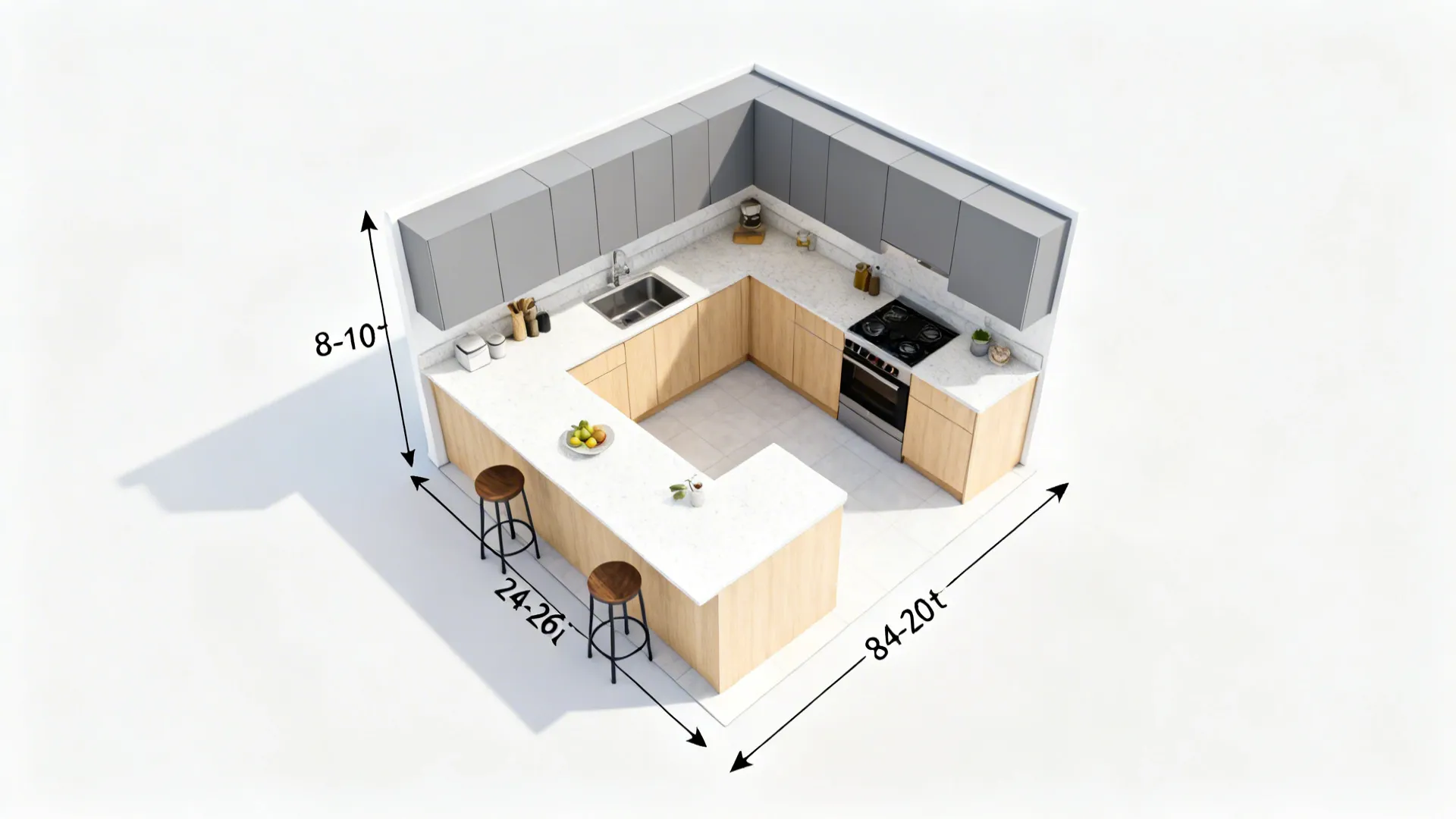 U-shaped kitchen interior design drawing with wood cabinets, grey wall cabinets, white countertops, and measurements