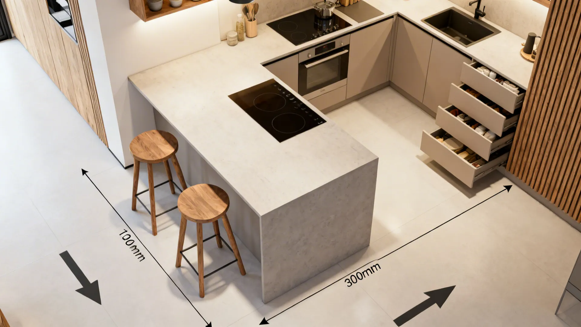 Top-down view of a peninsula kitchen with clear 1000mm aisle and stool placement.