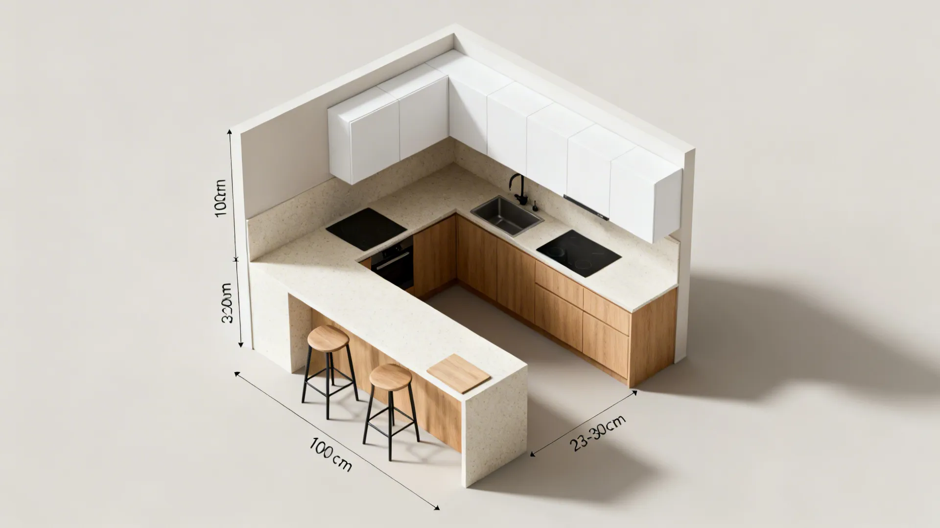 Top-down view of compact L-shaped kitchen with peninsula showing clear aisle and stool overhang