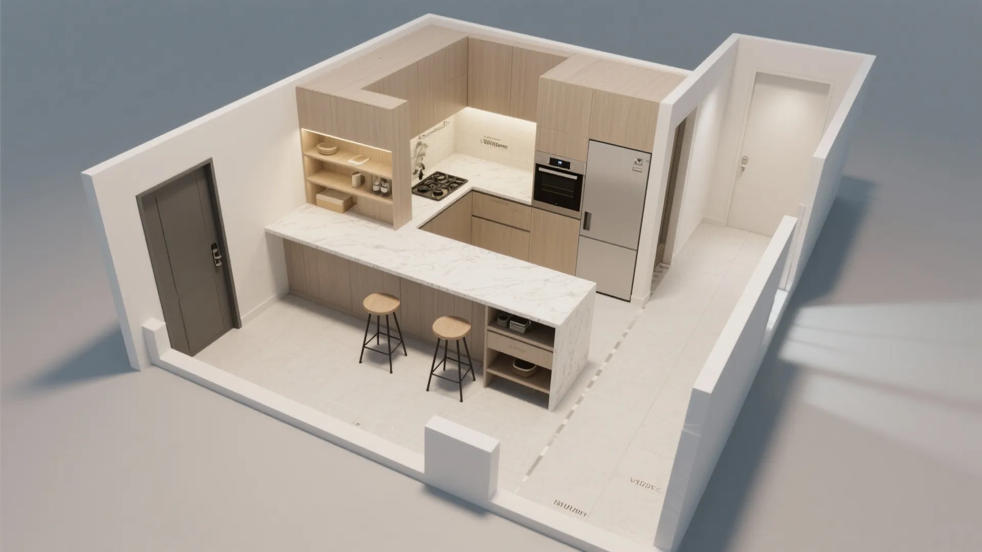 Top-down view showing a slim peninsula, clear aisle, and work triangle in a hall kitchen.