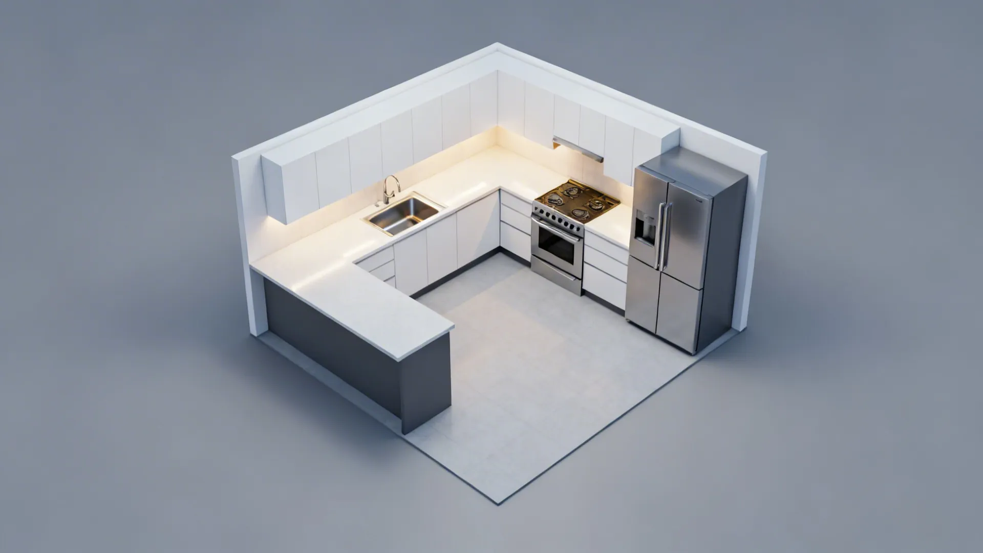 Top-down view of 10x10 L-shaped kitchen with slim peninsula and clear circulation paths.