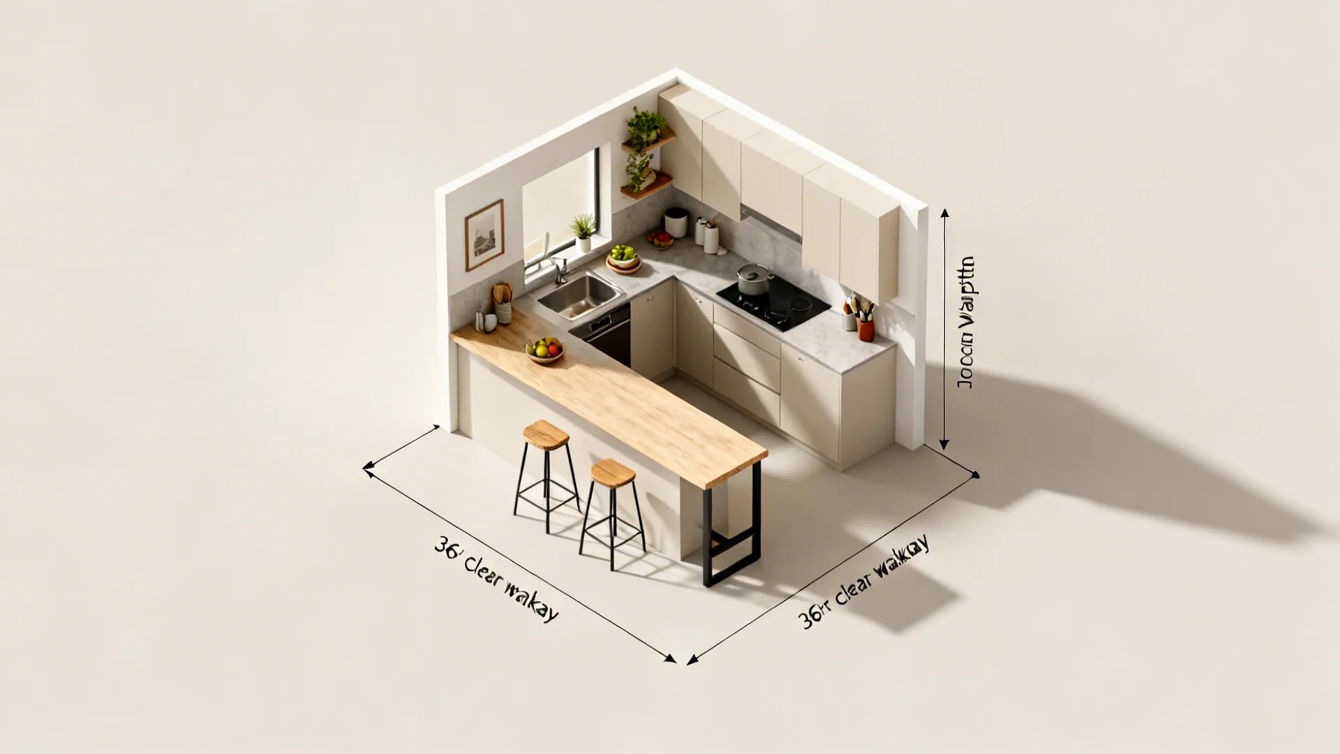 Top-down view showing 36-inch walkways around a narrow peninsula with seating overhang and brackets.