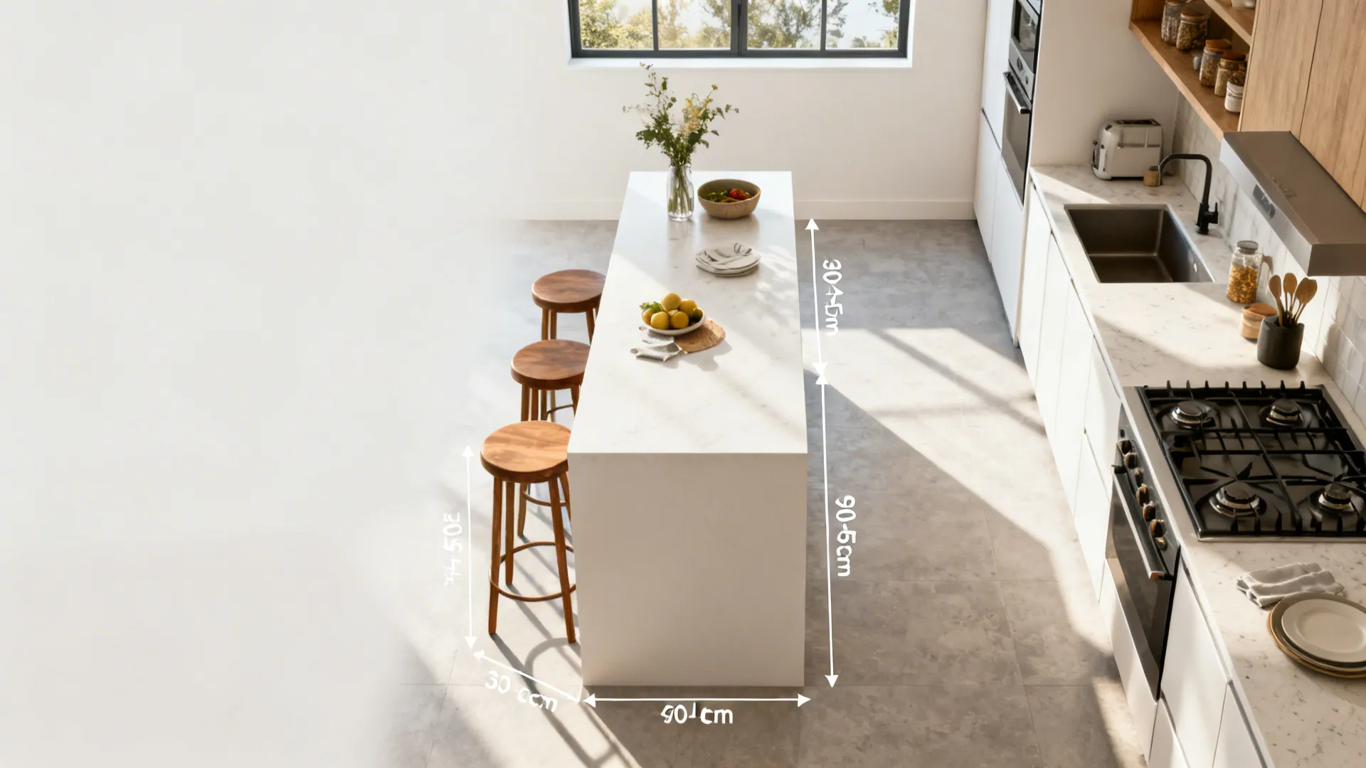 Top-down view of a narrow kitchen showing a slim peninsula with stool clearance and clear aisles.