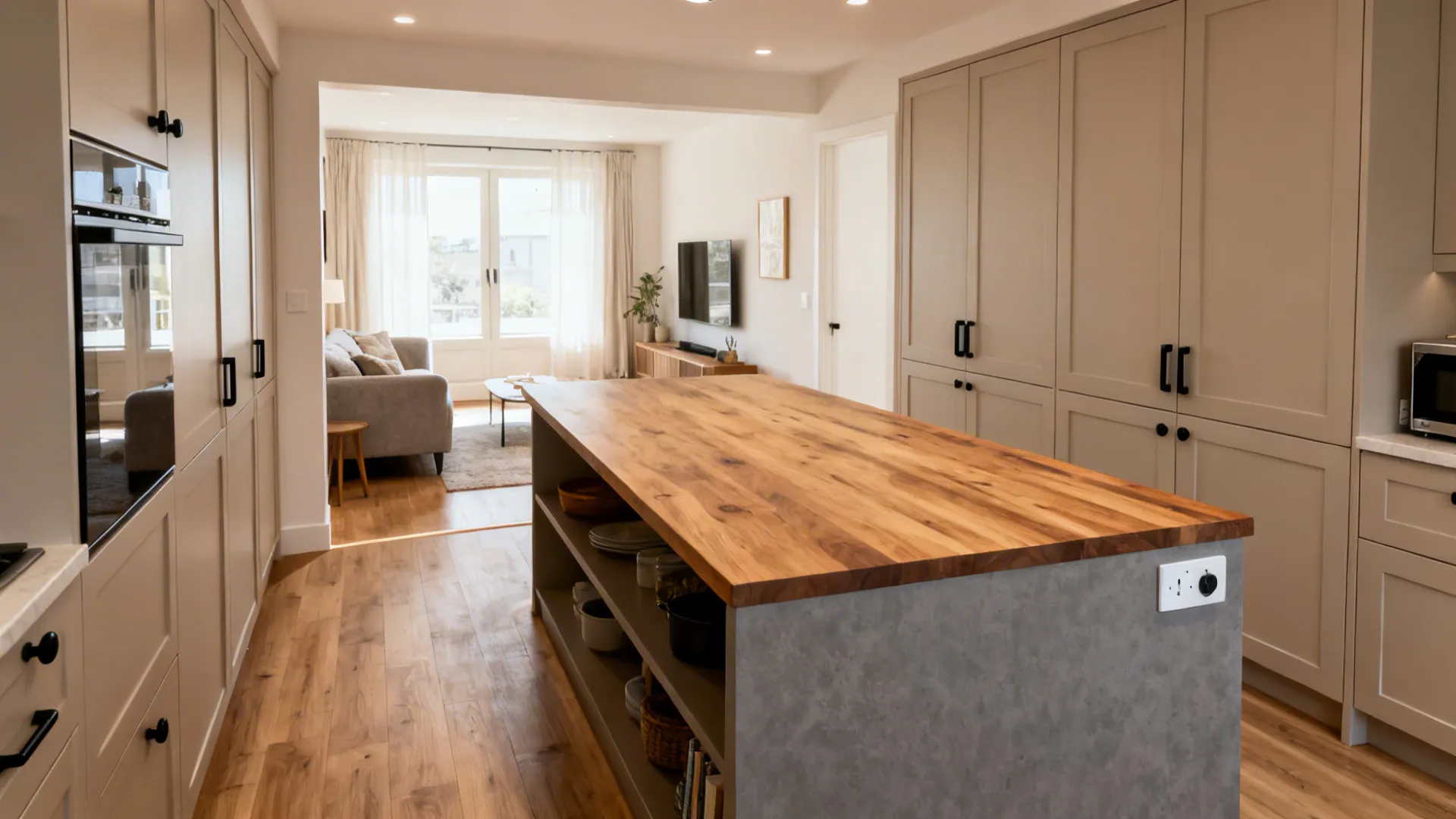 Compact kitchen with a peninsula bar and clear walkway, storage below, and open sightlines to the living area.