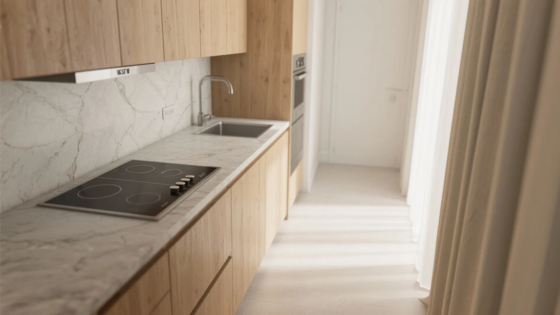 Modern kitchen with wooden cabinets white marble countertop black electric cooktop and silver water tap