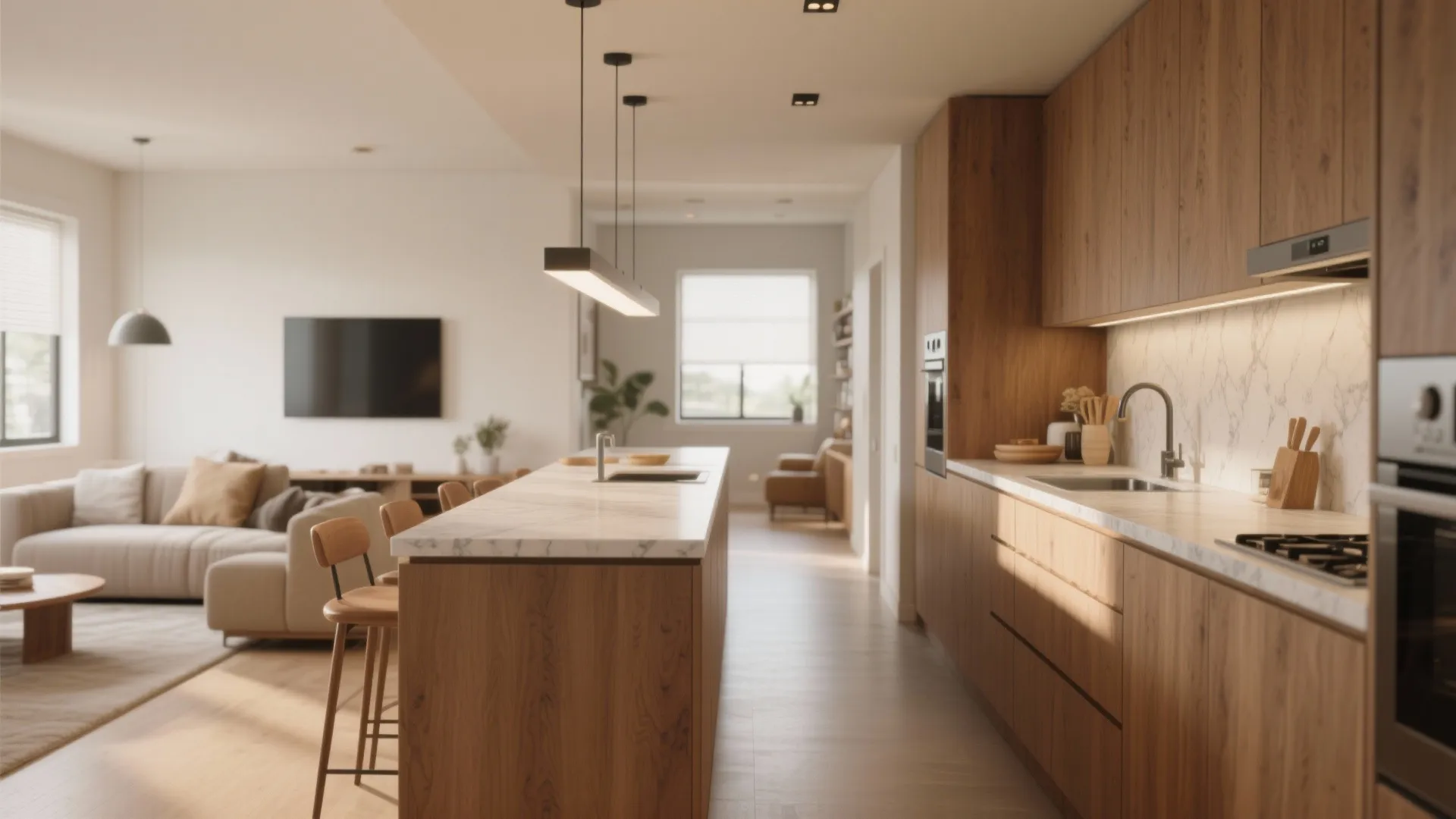 Modern open plan kitchen with wooden cabinets white marble island stools and living room background view