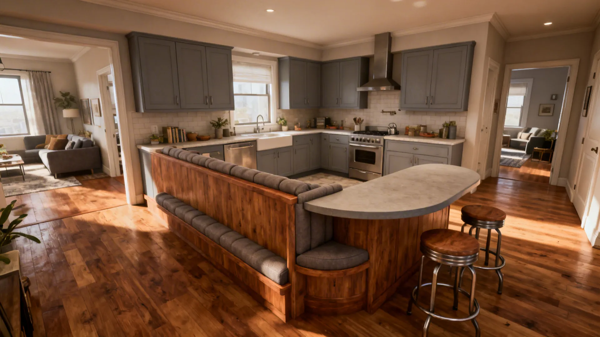 Peninsula kitchen with stools wrapped around a rounded return and clear walkway.