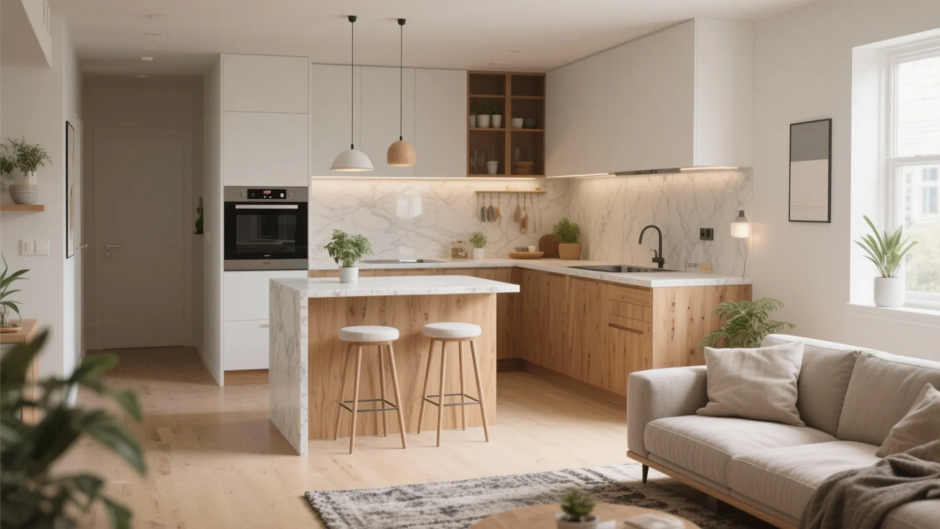 Modern open plan kitchen with wooden cabinets white marble backsplash island stools and a grey sofa