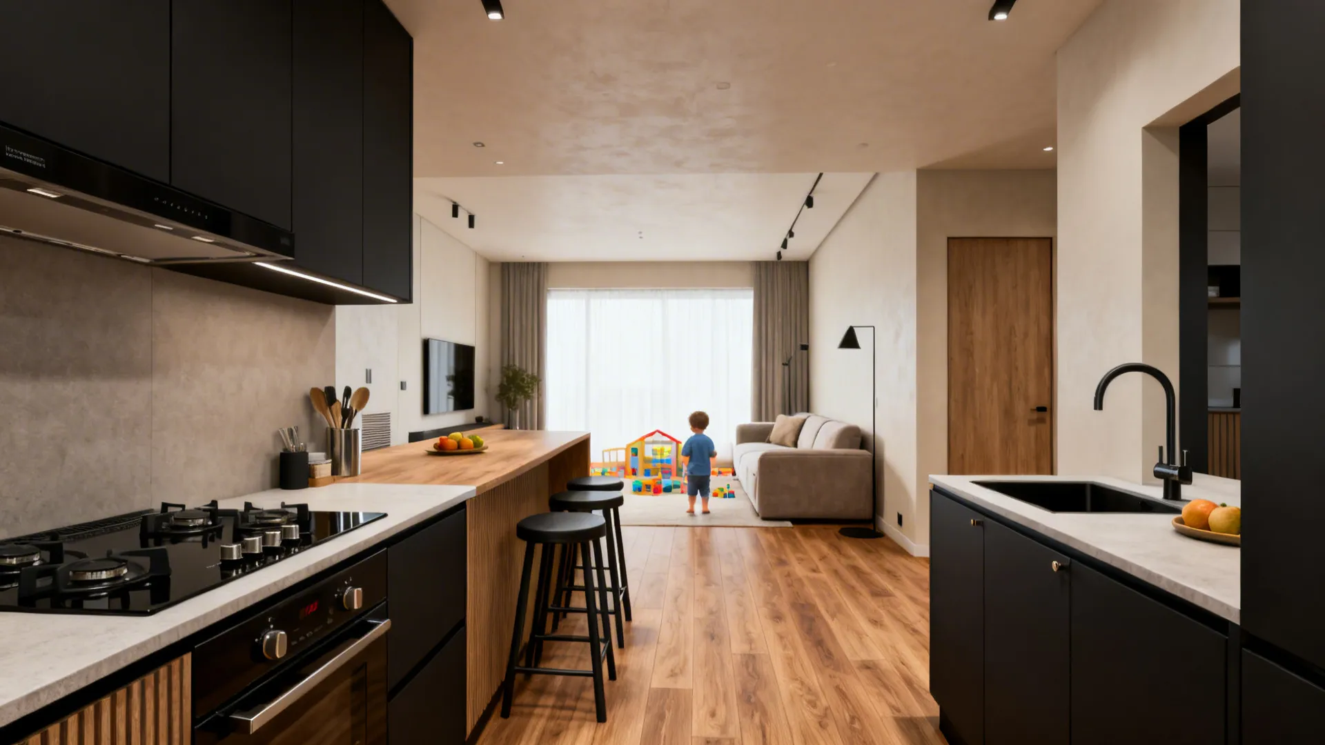 Slim peninsula creates a natural boundary between kitchen and living areas in a small open-plan space.