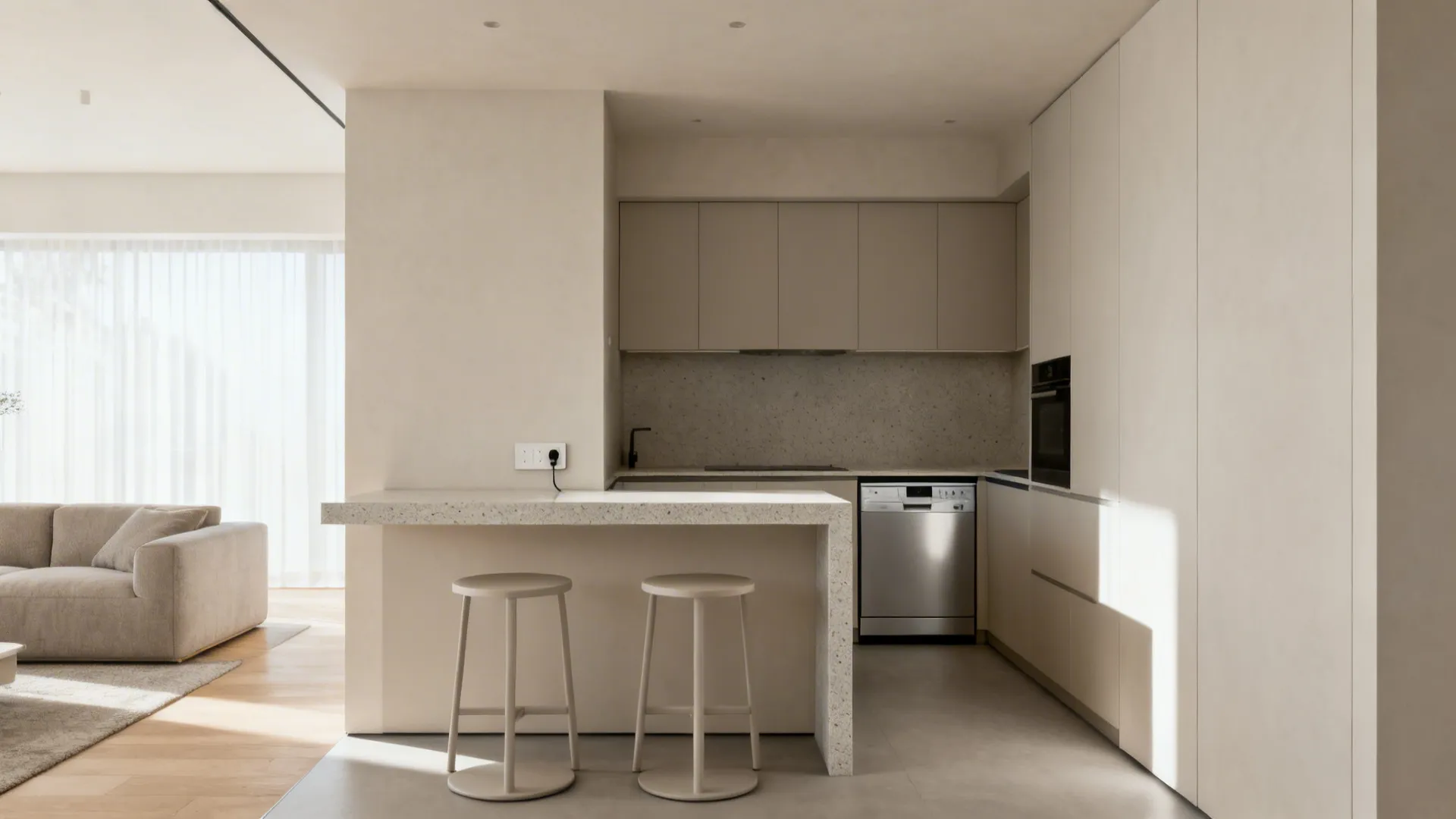Small open kitchen with a slim peninsula creating a breakfast bar and clear circulation path.