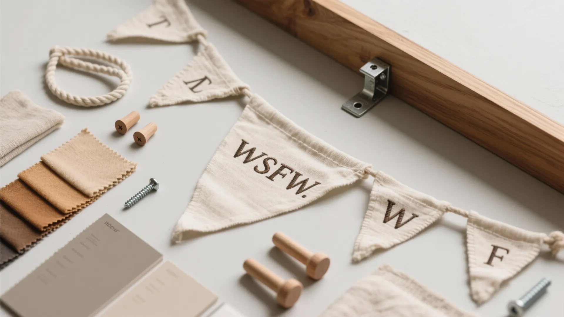 Various craft materials like fabric samples wooden pegs screws and a white triangle flag banner