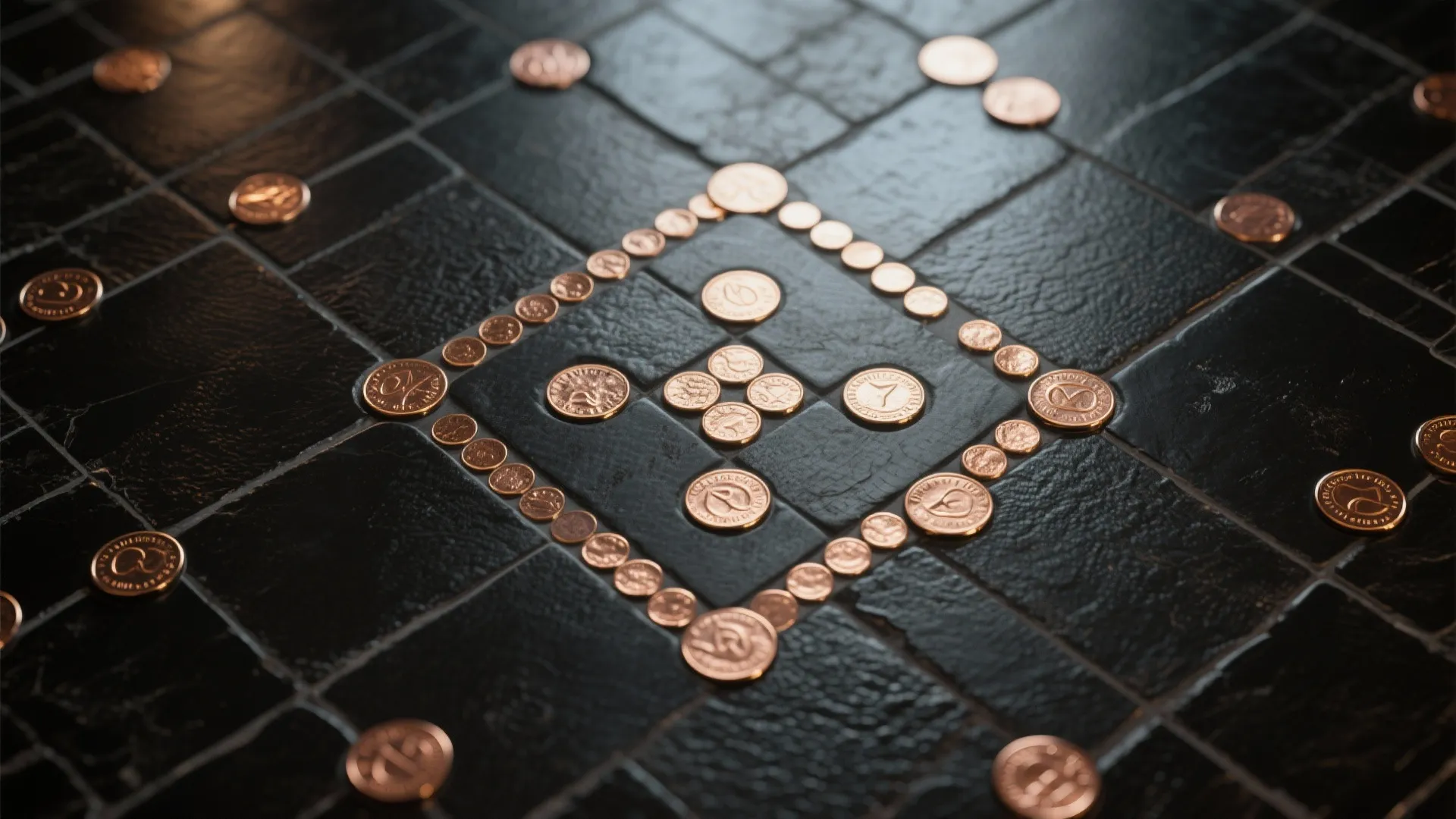 Black penny tiles with brass accent tiles forming a diamond geometric motif on the floor