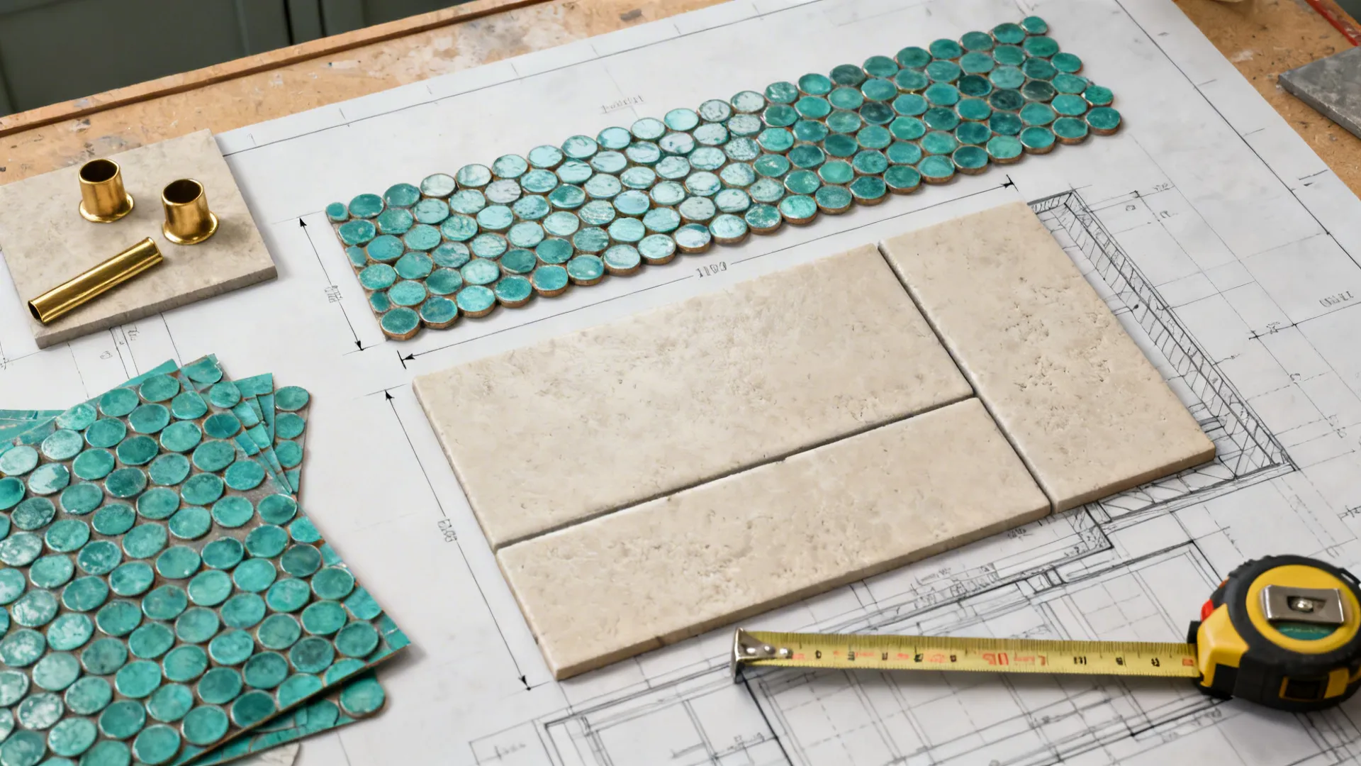Top-down planning layout with teal penny round sheets, neutral tiles, and brass trim for a niche band.