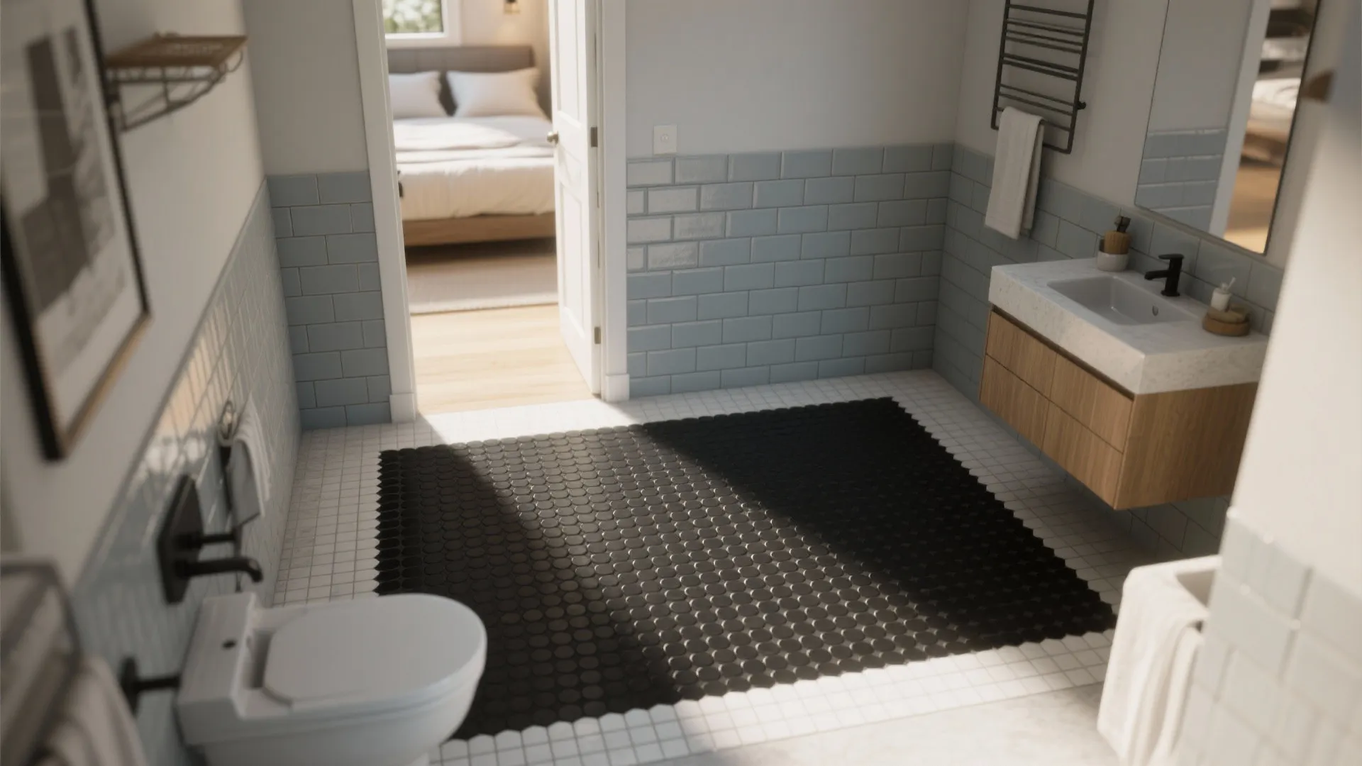 Bathroom floor with black penny tile field framed by light grey subway tile border for visual expansion