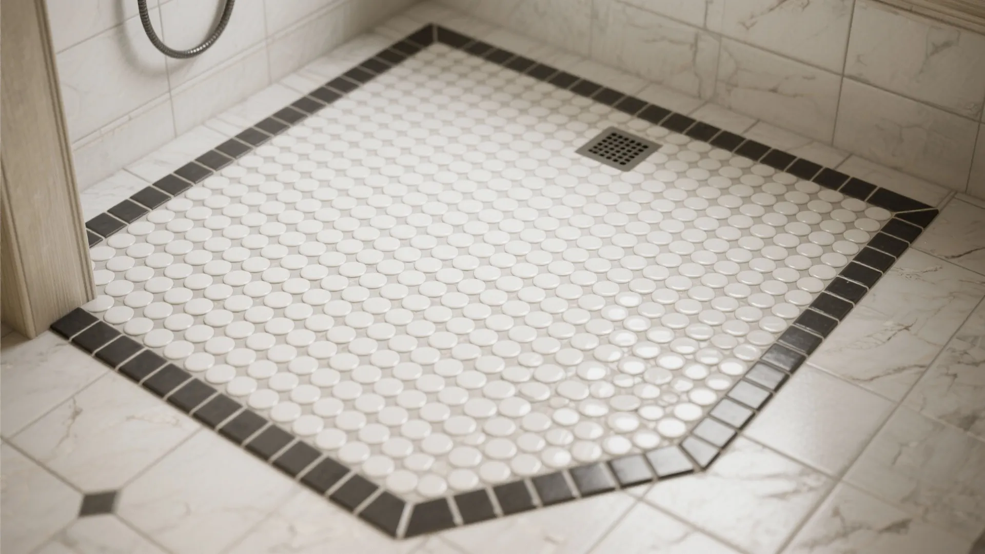 Penny Tile Shower Floor with Bold Border