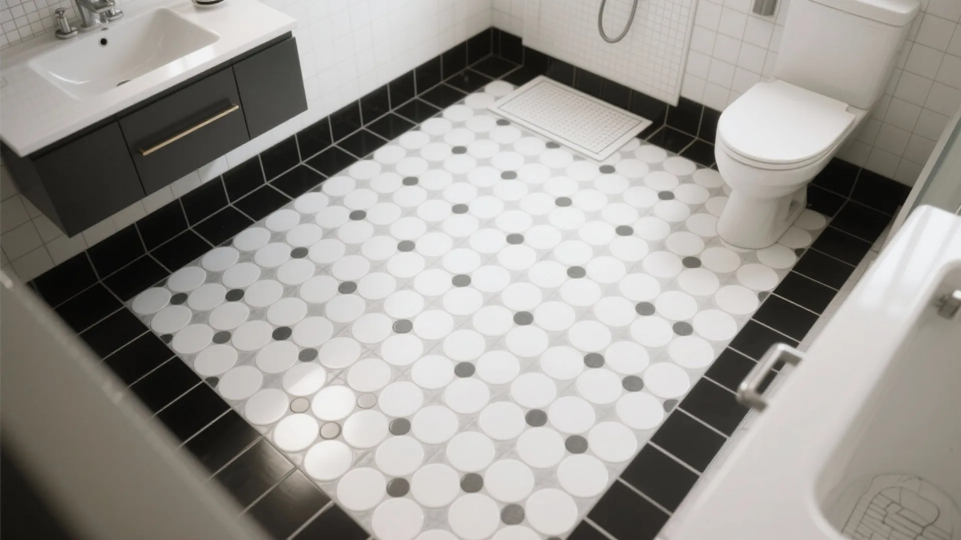 Modern bathroom featuring white circle floor tiles with black dots surrounded by dark square border