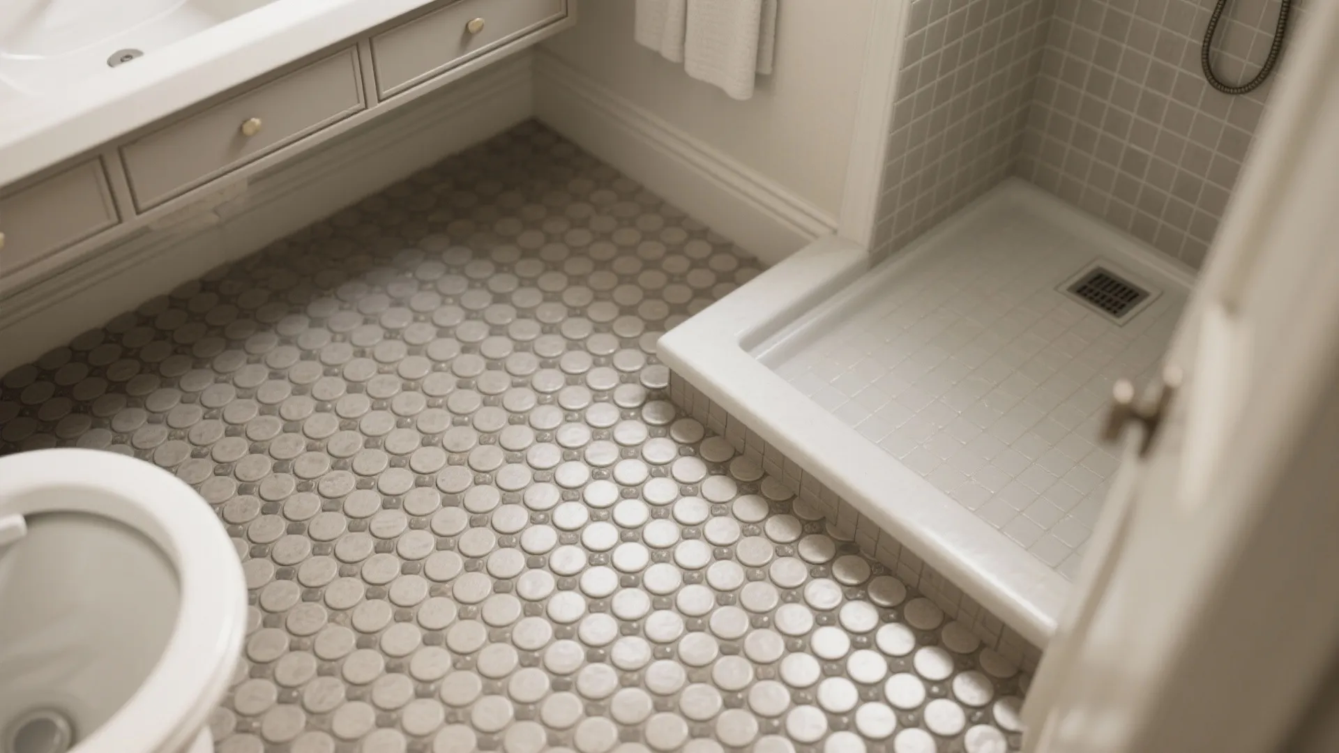 Top-down view of a penny round mosaic floor with mid-tone grout providing traction in a small bathroom under soft daylight.