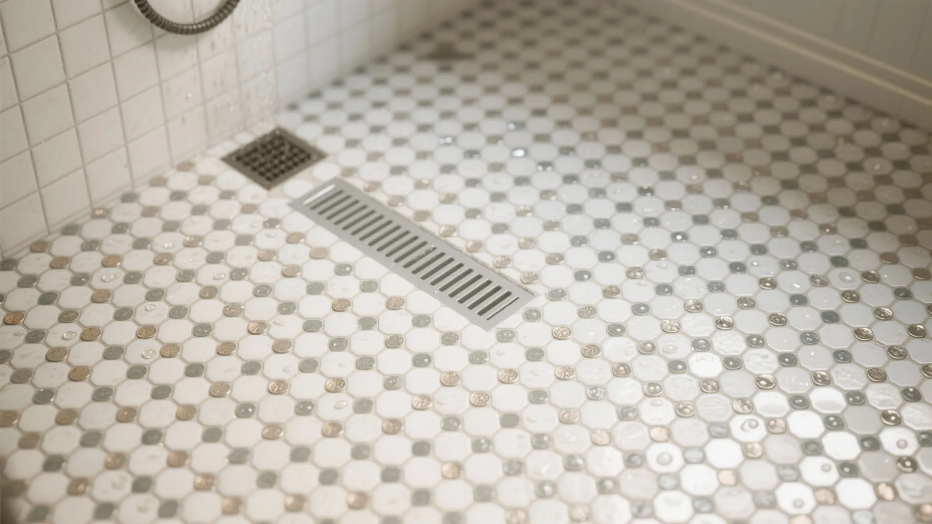 Close up view of small hexagonal floor tiles with metal drain in a wet shower