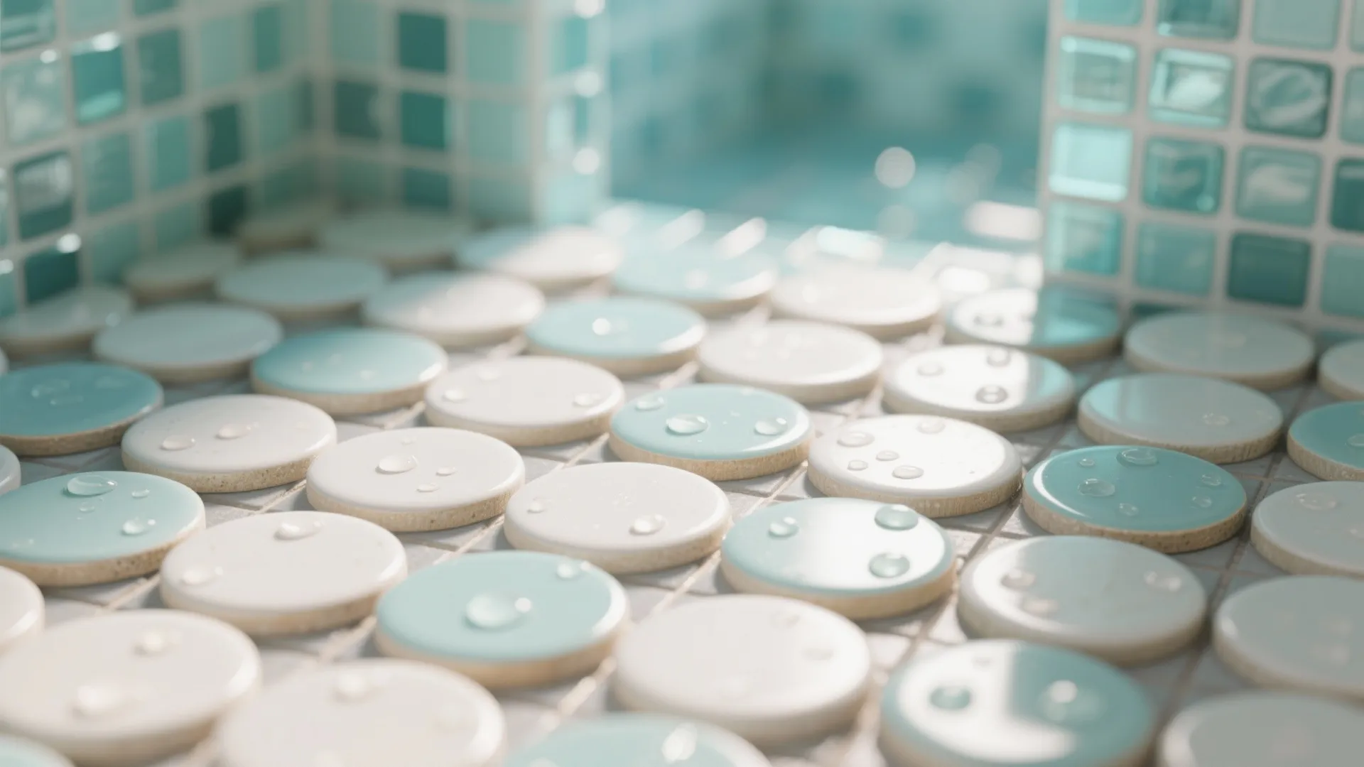 Penny Rounds and Glass Mosaic Accents for a “Bubbly” Vibe