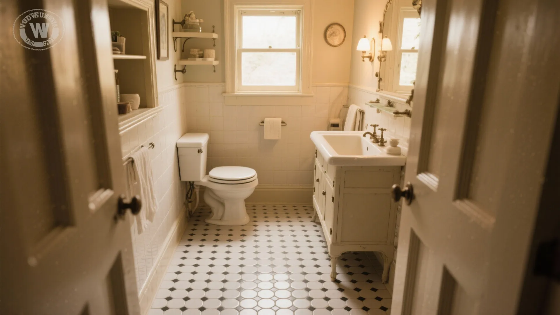 Traditional bathroom with white toilet white sink cabinet black and white floor tiles and window