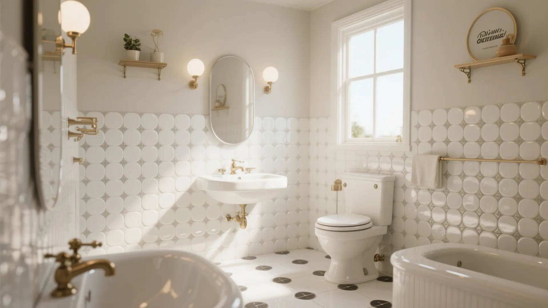 Bright bathroom with white round wall tiles, gold fixtures, white sink, toilet, and bathtub setup