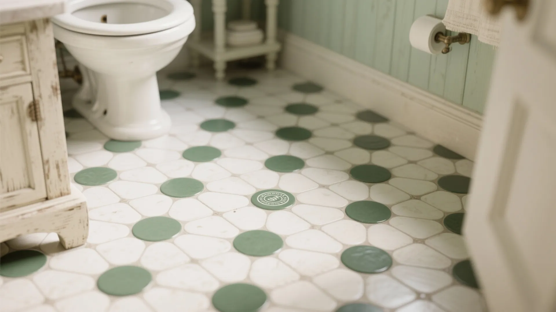 Green and white round tile bathroom floor with a white toilet and vintage wooden cabinet
