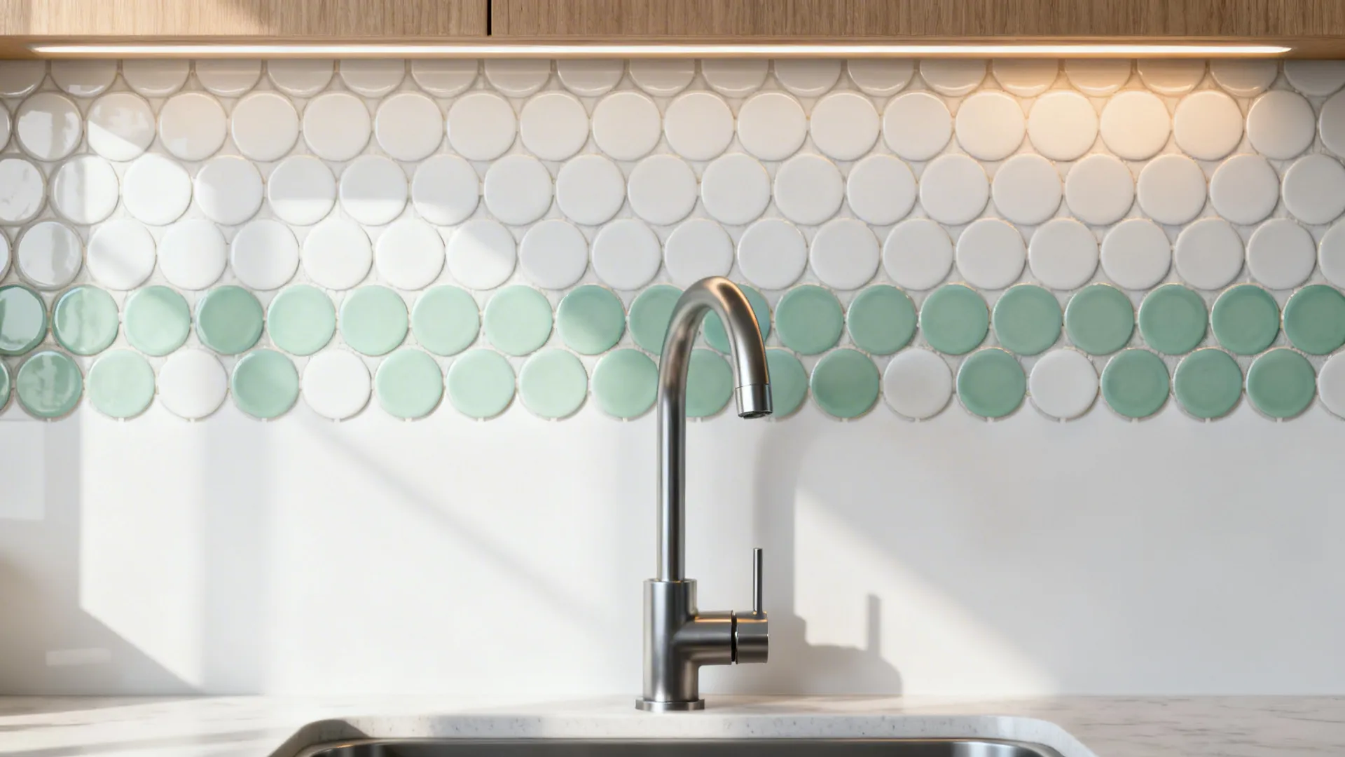 Kitchen sink area with round white and green wall tiles silver faucet and bright light