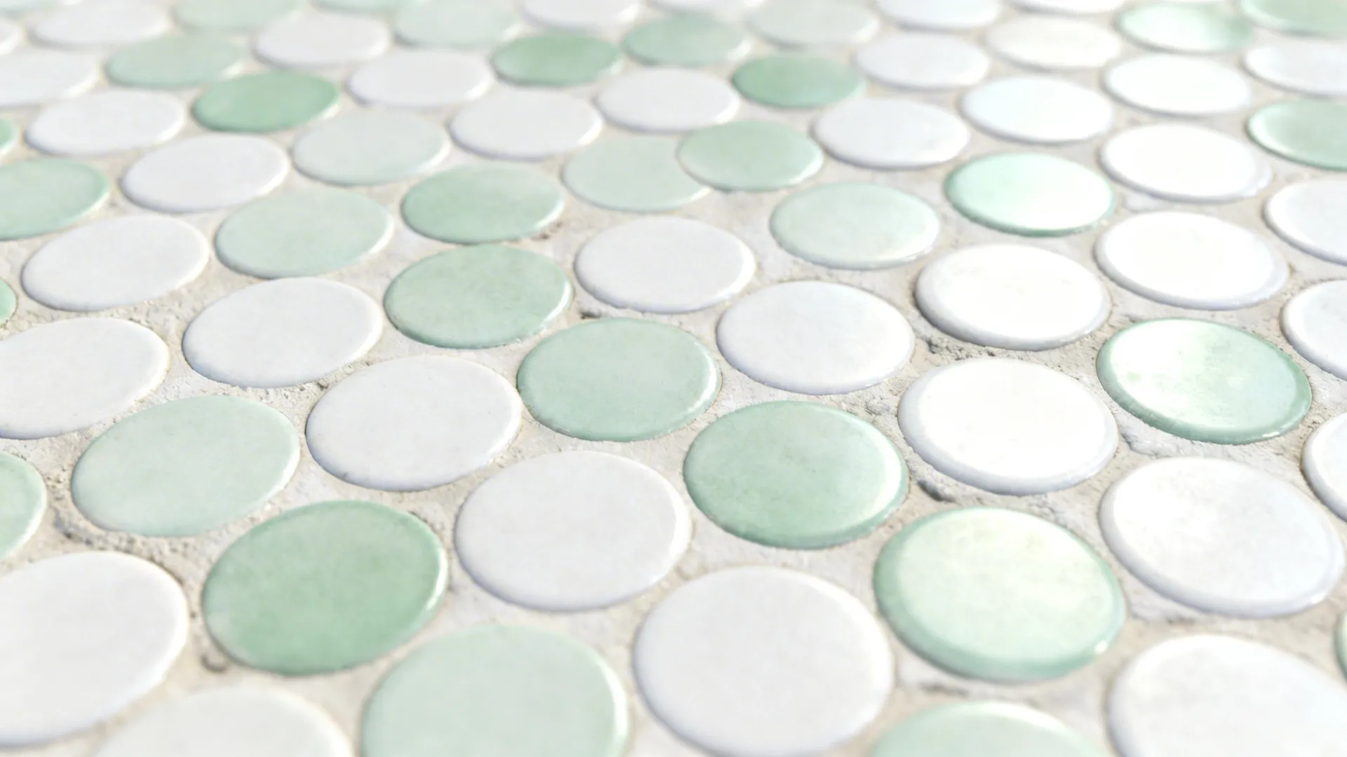 Close up view of round green and white wall tiles used for modern bathroom floor design