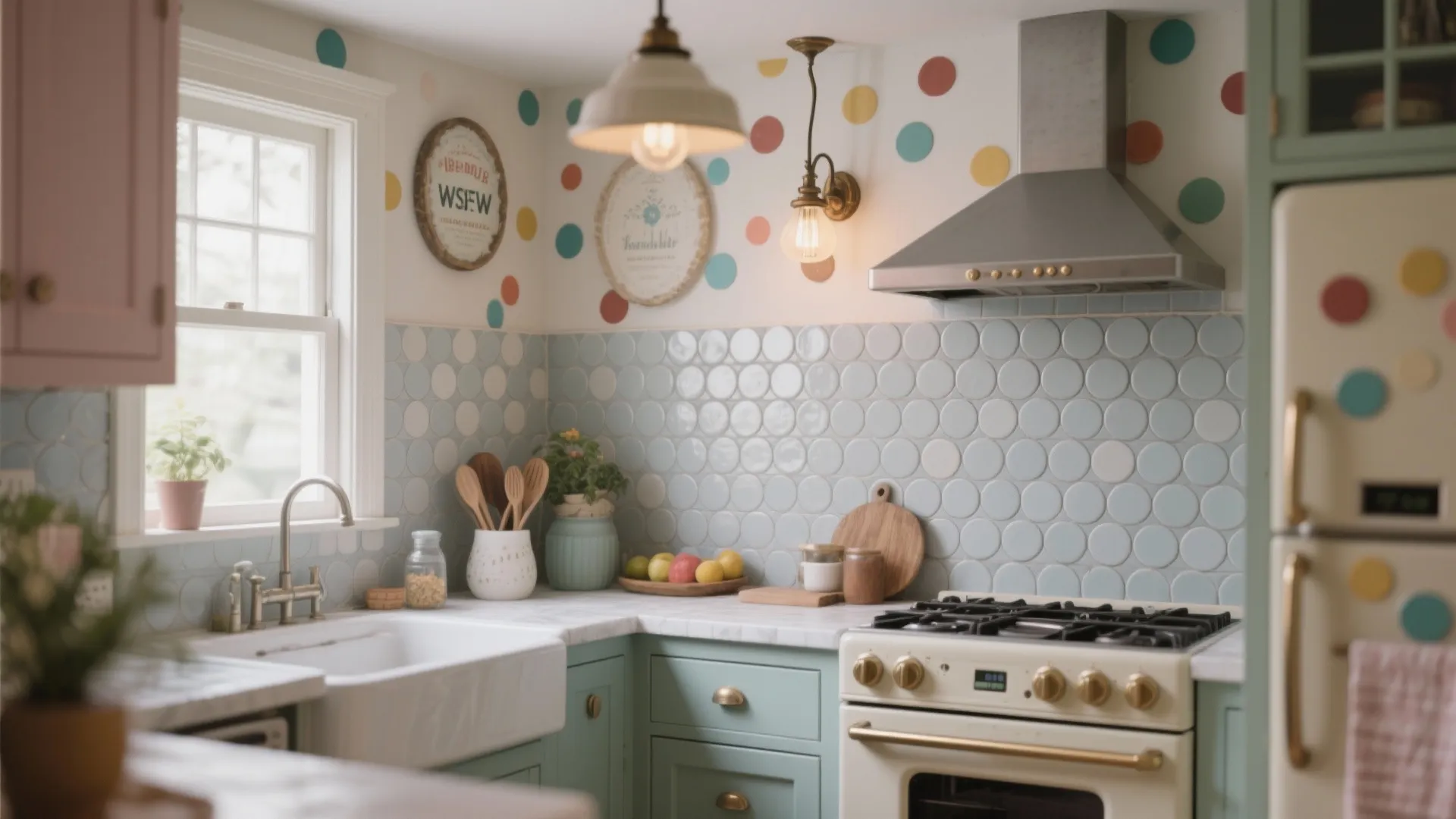 Vintage kitchen with light blue round wall tiles colorful polka dot wallpaper and white wooden cabinets