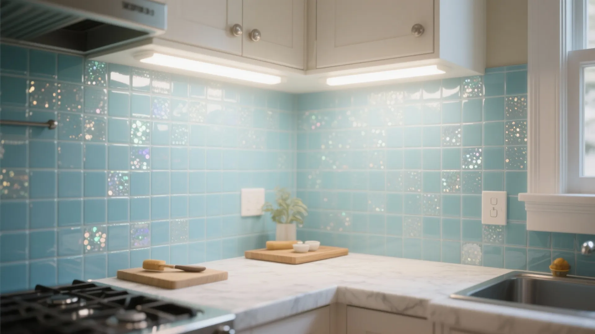 Bright kitchen corner with blue square wall tiles white cabinets under light and marble work surface