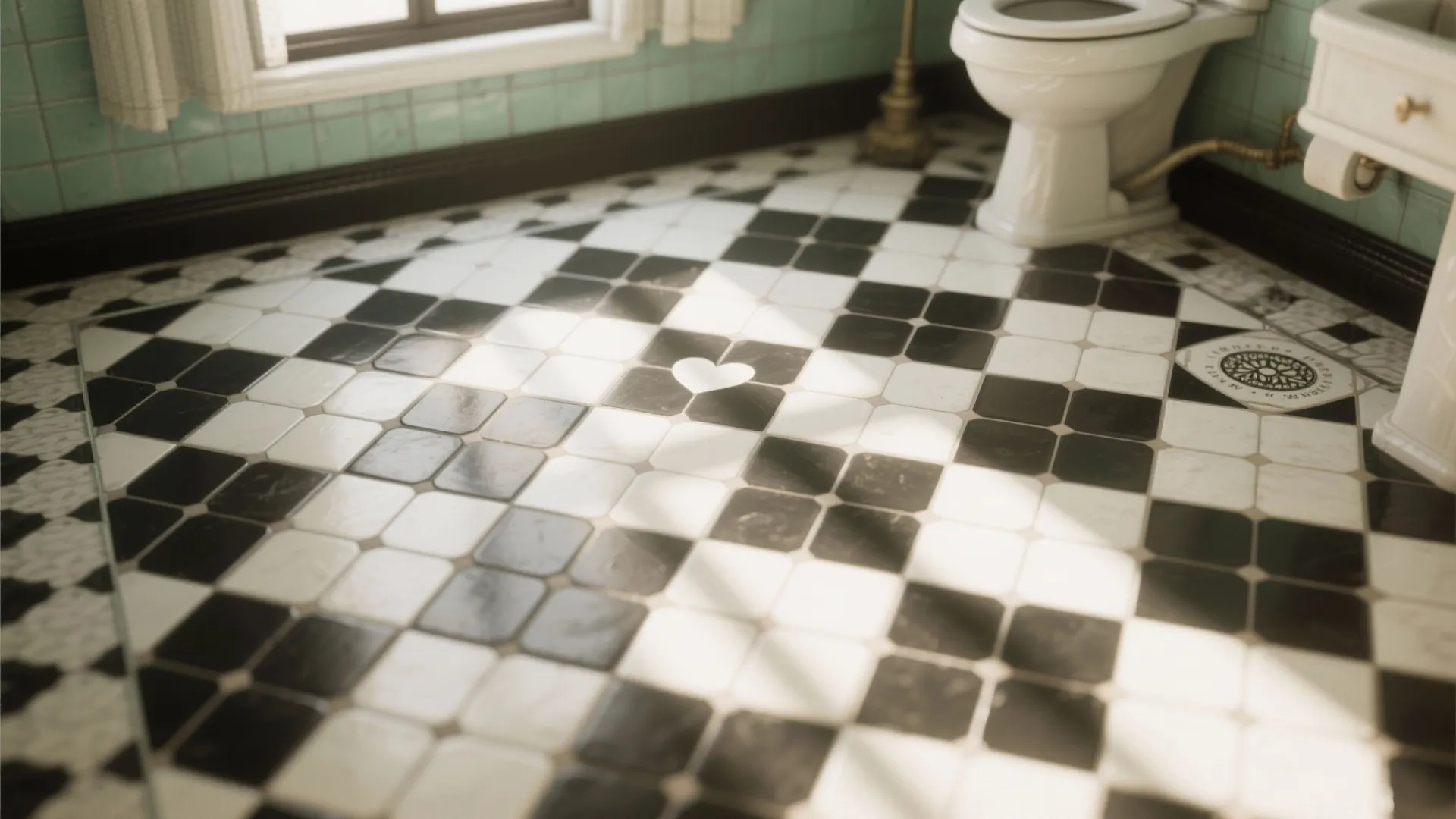 Bathroom floor with vintage black and white penny tiles