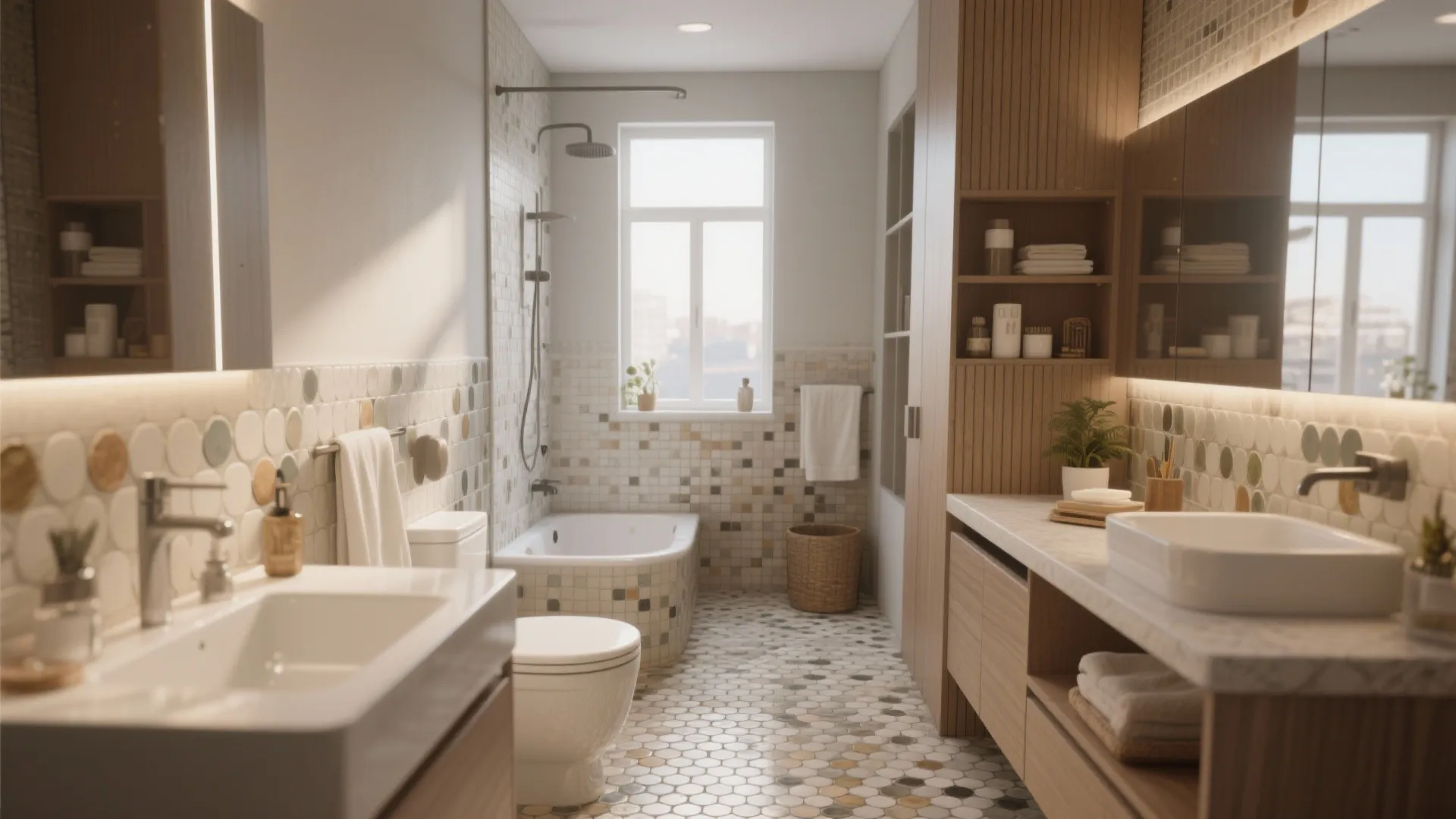 Modern bathroom with double sinks wooden cabinets mosaic wall tiles bathtub and large bright window