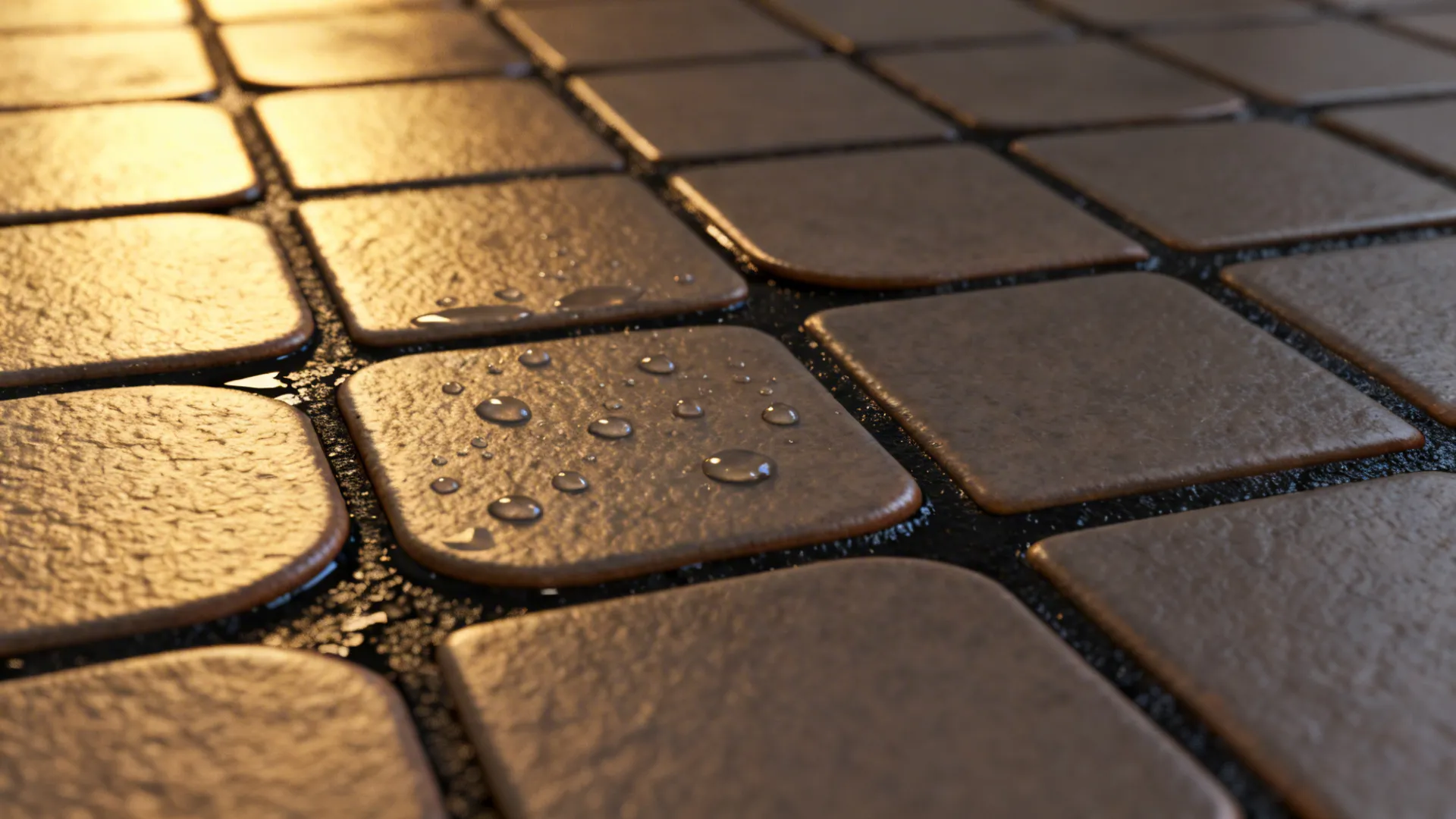 Macro shot of matte penny tiles with dark grout and water droplets showing texture and grip