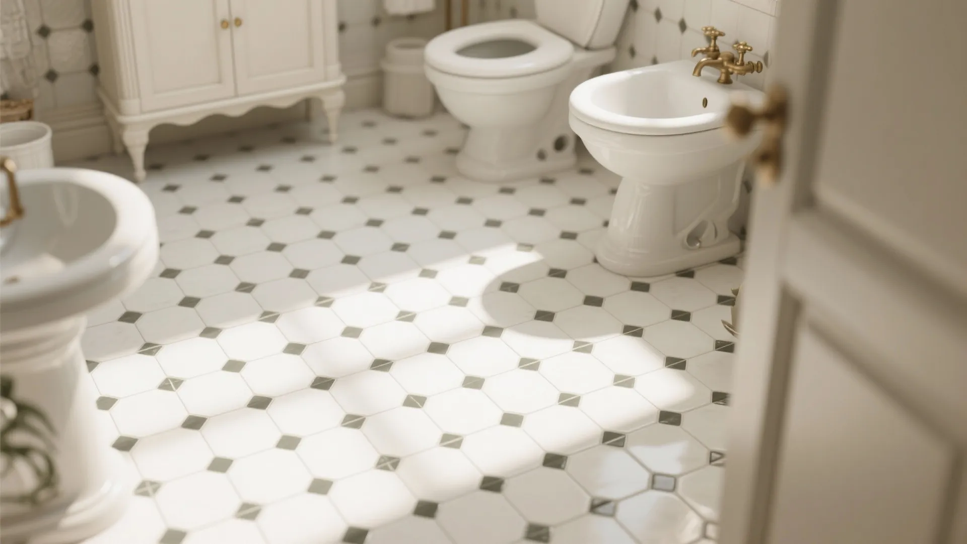 Classic bathroom interior with white patterned floor tiles toilet sink and bright natural sunlight shadows
