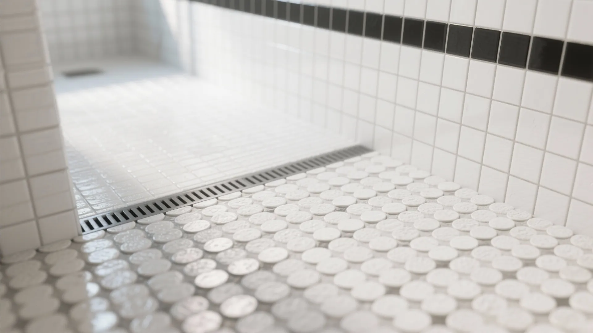 3. Penny Tile Shower Floor with Subway Tile Walls