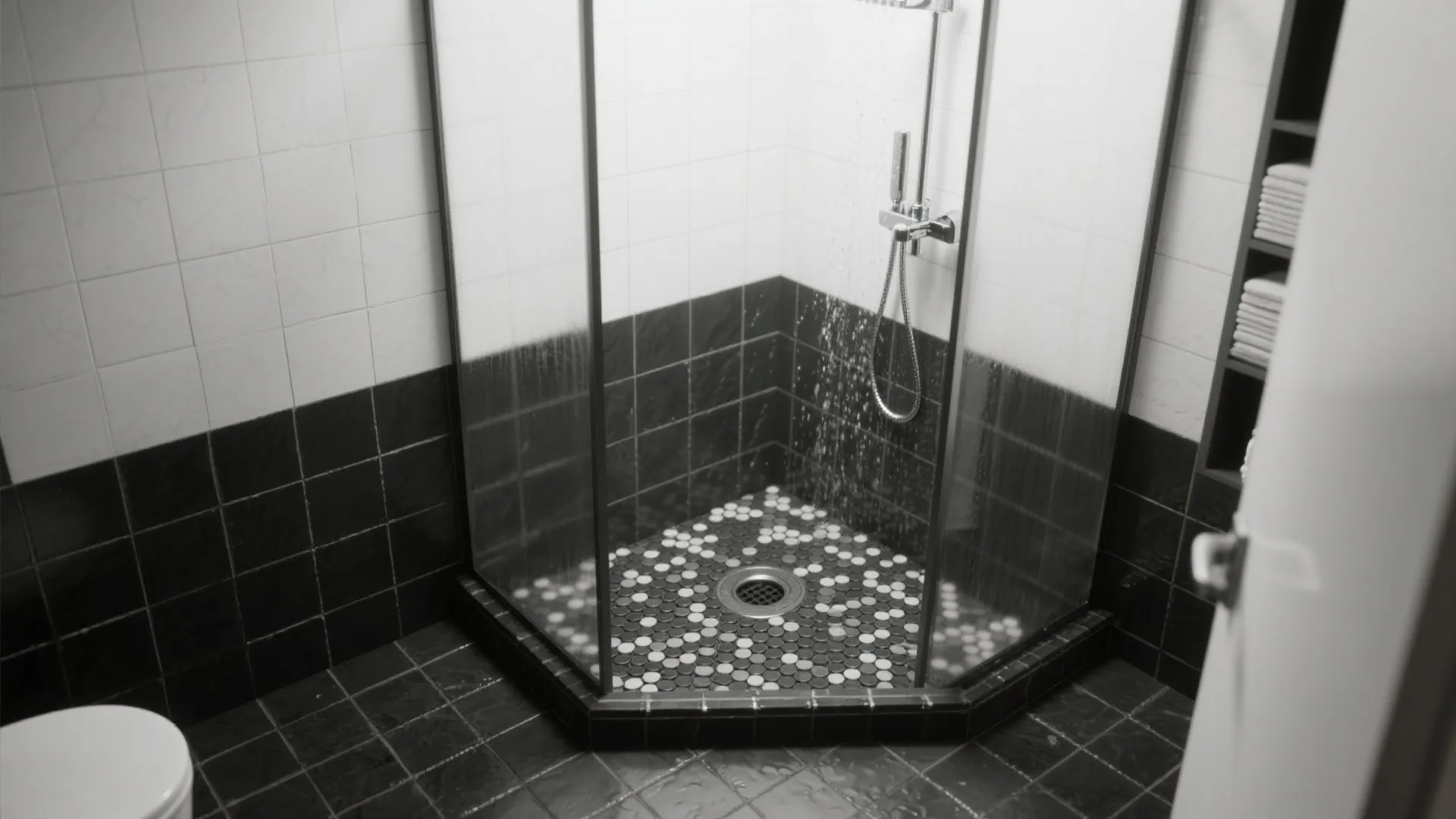 Shower floor with black-and-white penny tiles and dark grout, glass screen and chrome drain.