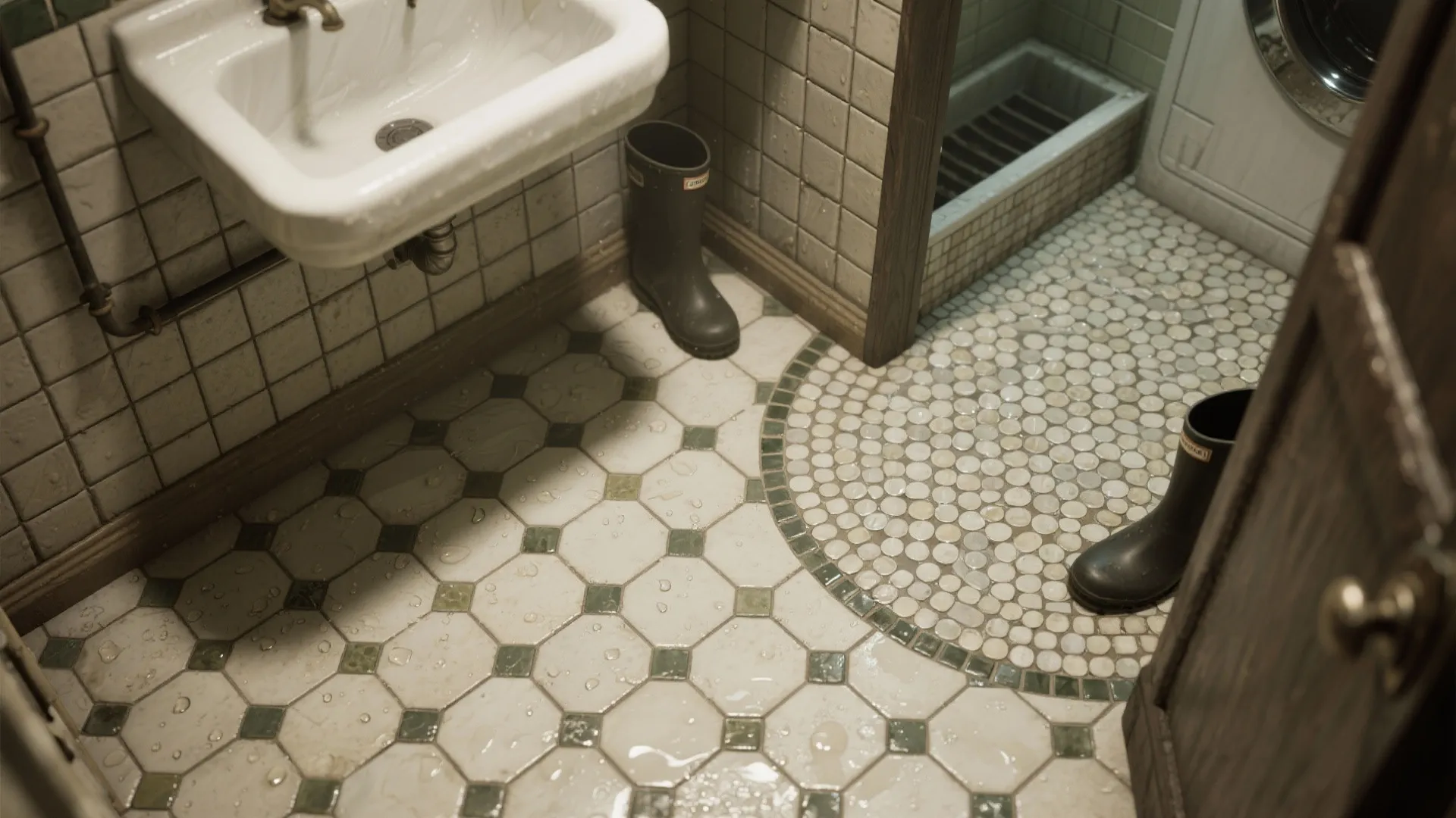 Top down view of small round floor tiles next to white sink and black boots