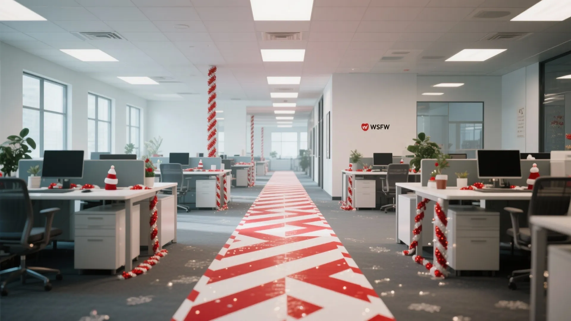 Office with red and white striped floor runners