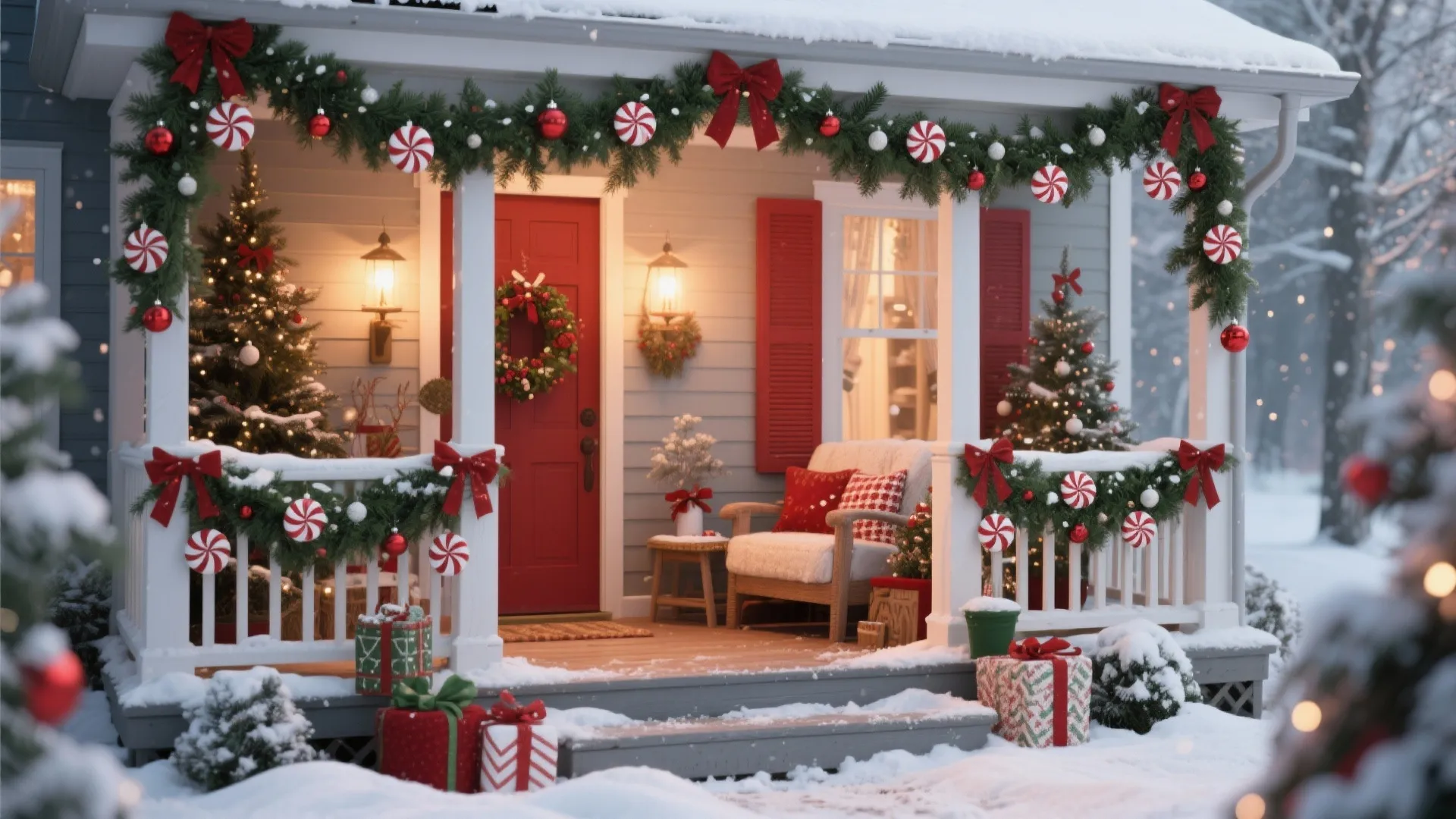 Snowy front porch featuring red door green garland peppermint ornaments white chair and gift boxes