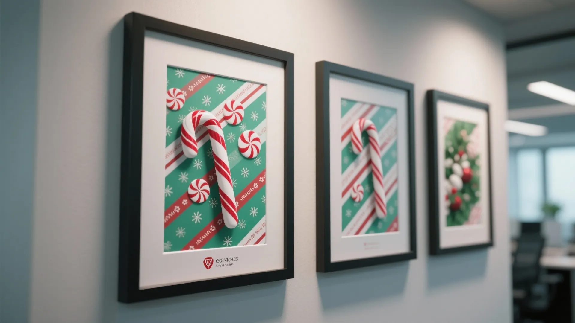 Close-up of candy cane themed wall art in frames