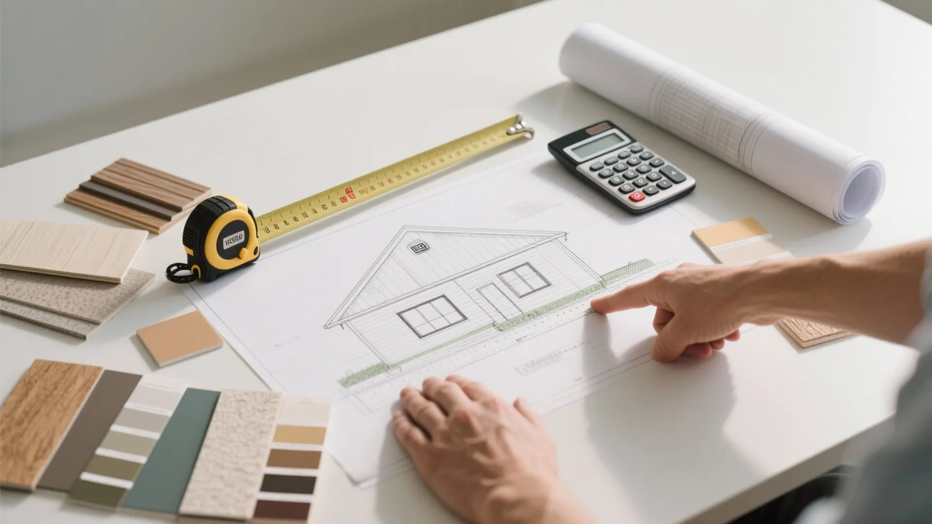 Hands pointing at a house drawing with a tape measure and calculator on white table