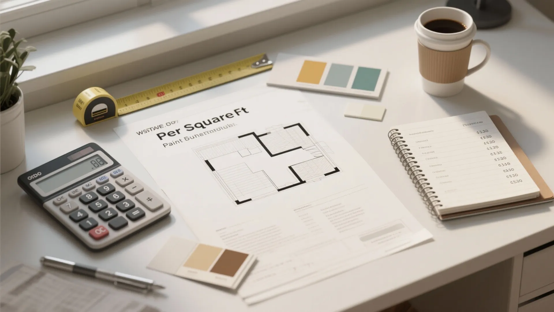 Desk with floor plan drawing calculator measuring tape notebook coffee cup and several color paint cards