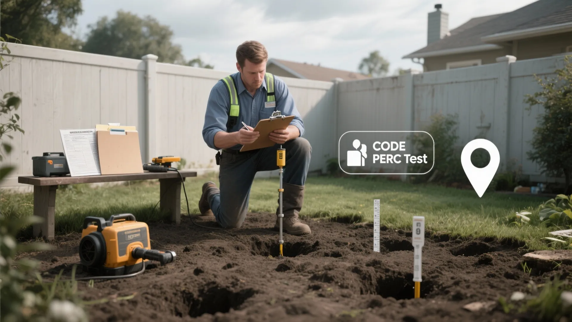 Man kneeling in backyard holding clipboard testing soil quality near hole with basic outdoor tools